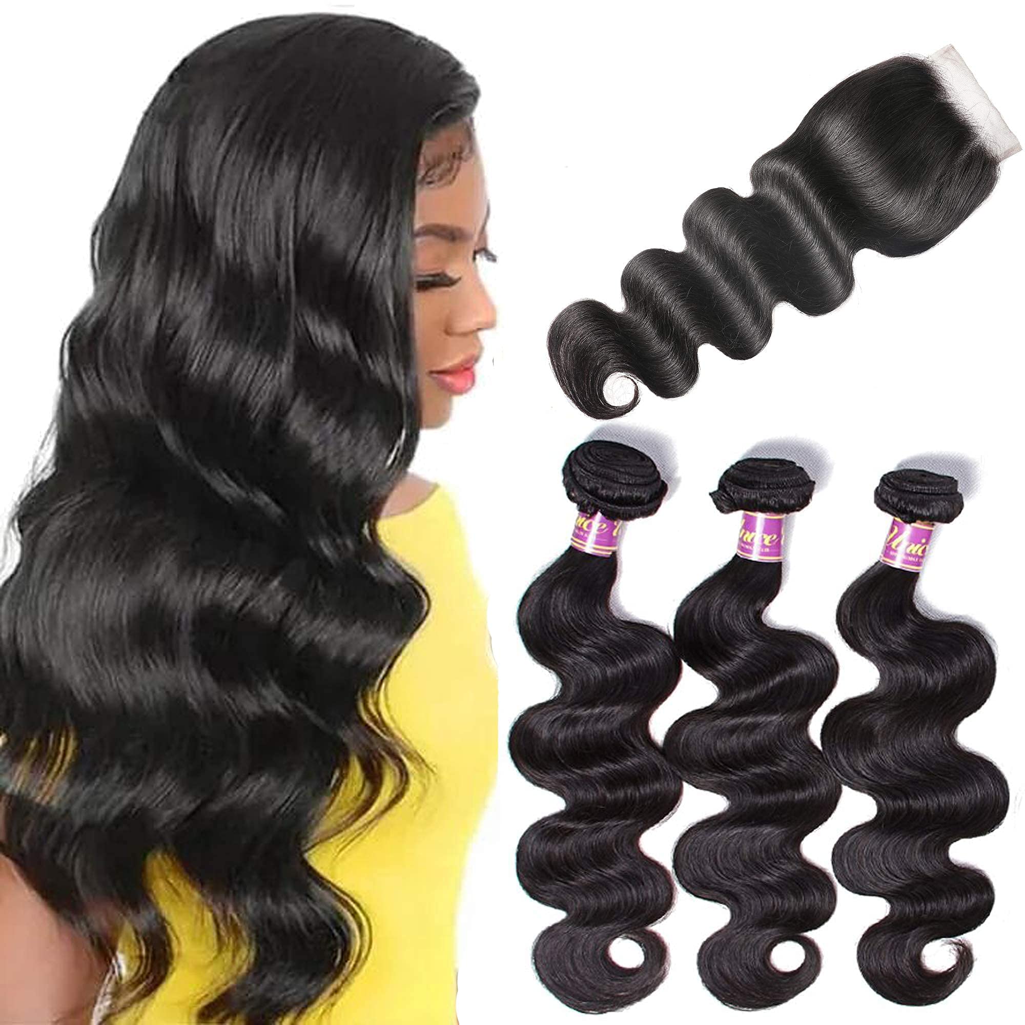 UNice Hair Icenu Series Brazilian Body Wave 3 Bundles with Free Part Lace Closure, Unprocessed Virgin Human Hair Wefts Extension