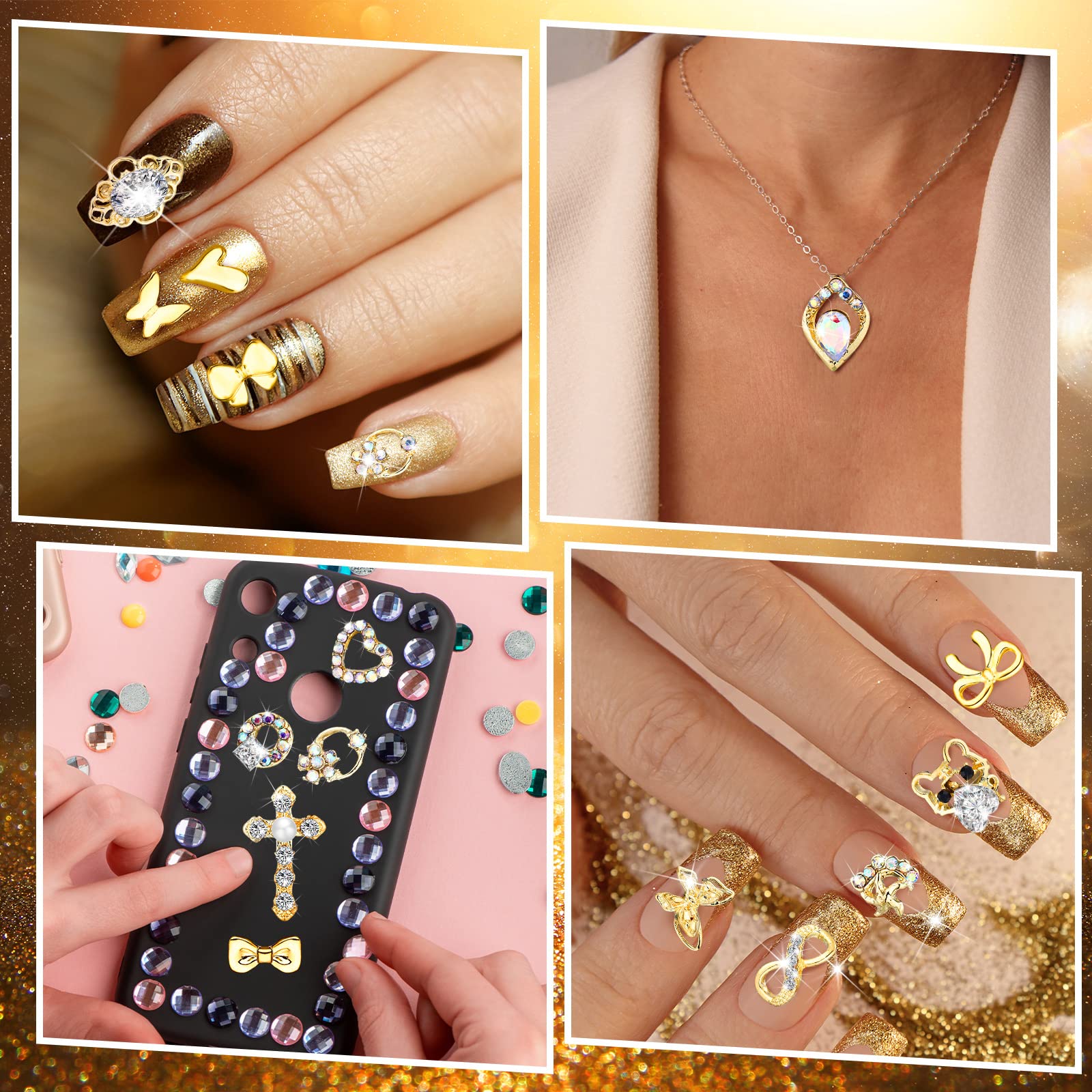 100 Pcs Gold Nail Charms For Acrylic Nails Gold Nail Rhinestones 3D Nail Charms Heart Nail Gems Luxury Decor Diamonds For Nail A