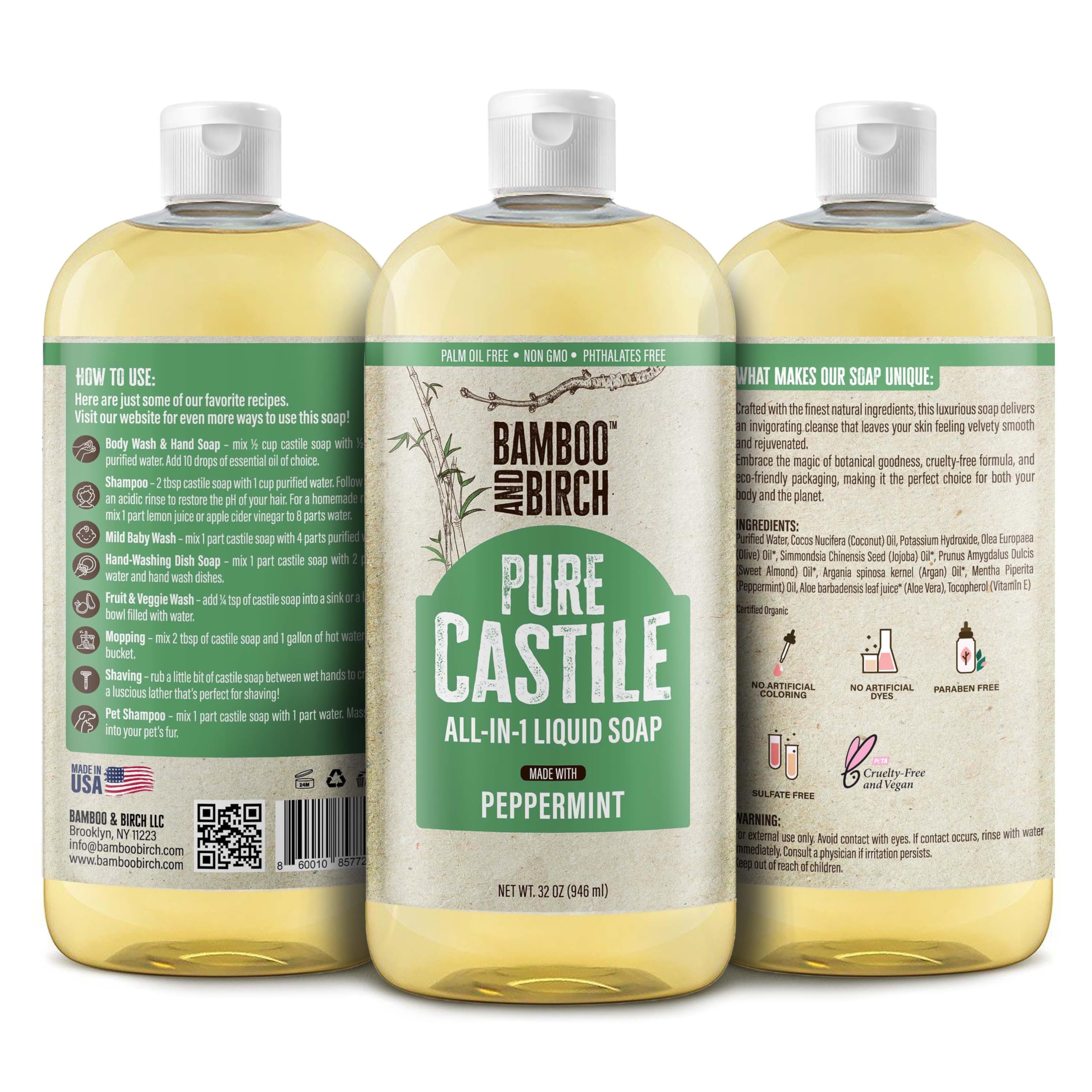 Bamboo And Birch Pure Castile Soap Liquid Organic, Certified Palm Oil Free Natural Soap, Peppermint, 32 Oz