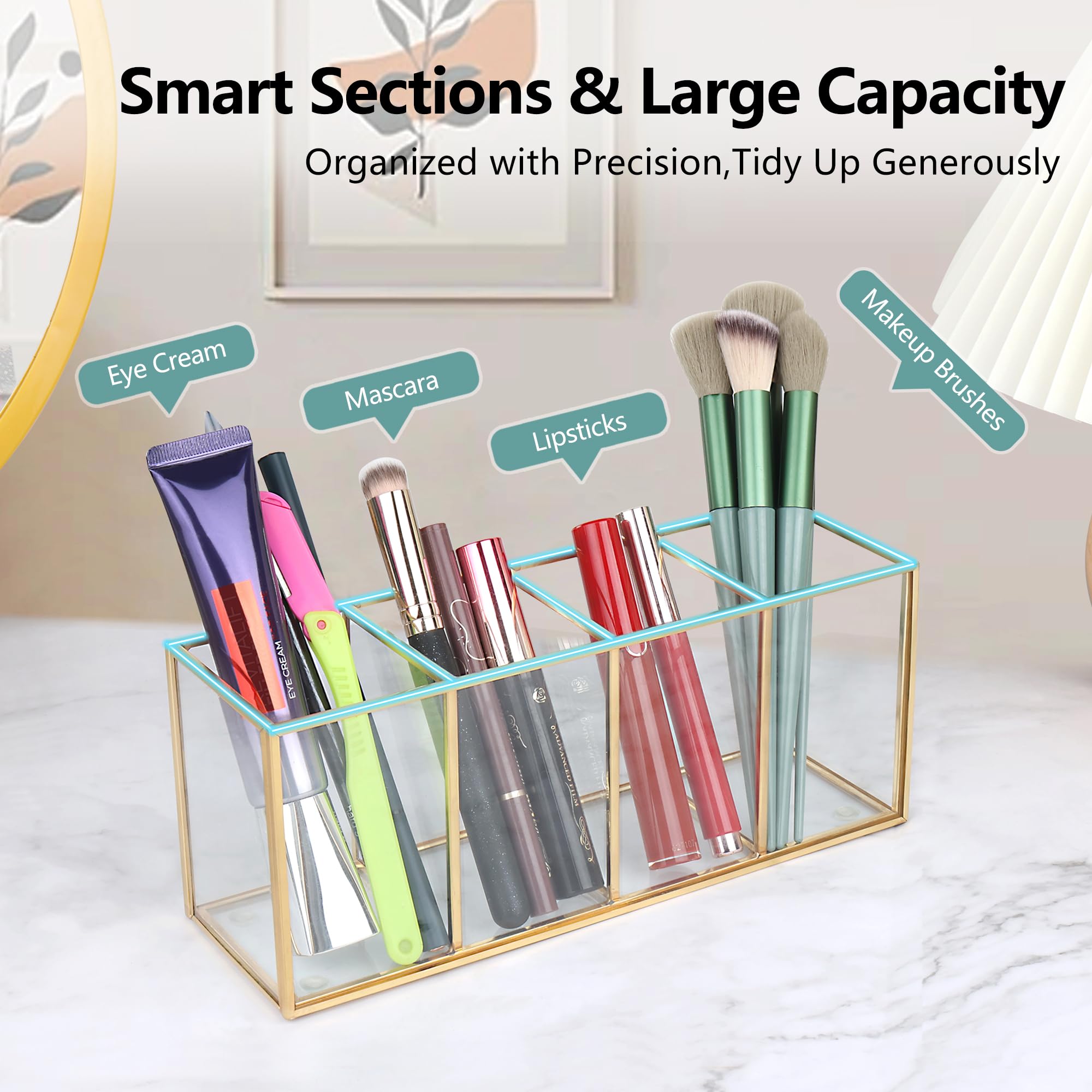 Elegantlife Clear Glass Makeup Brush Organizer,Luxurious Tempered Glass Cosmetics Brushes Storage Holder For Refined Bathroom De