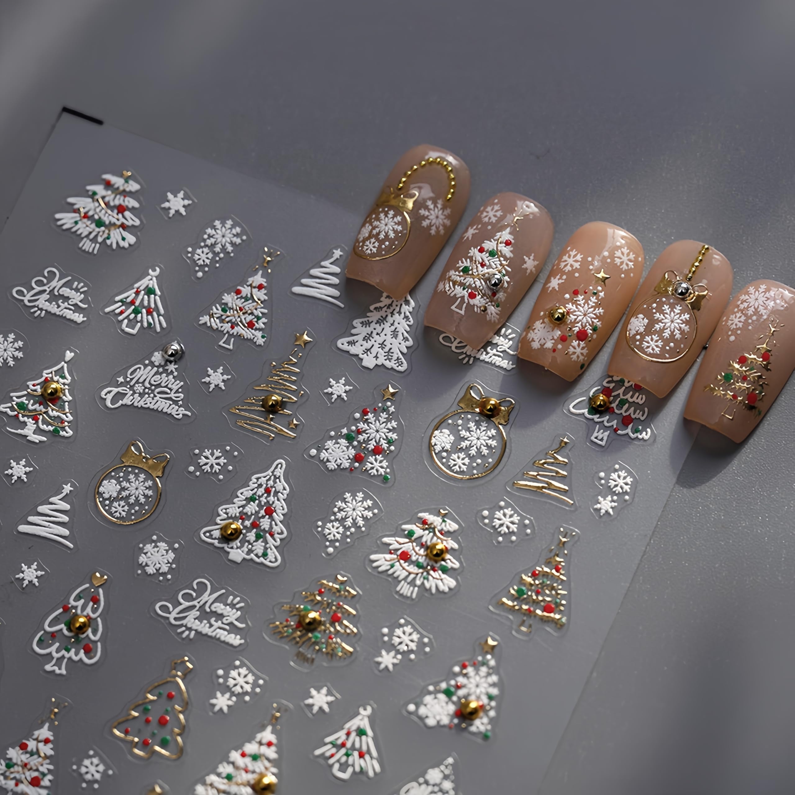 1Sheet Christmas Nail Art Stickers 5D Self-Adhesive Golden Christmas Tree Nail Stickers With Gold Silver Diamond Snowflake Nail