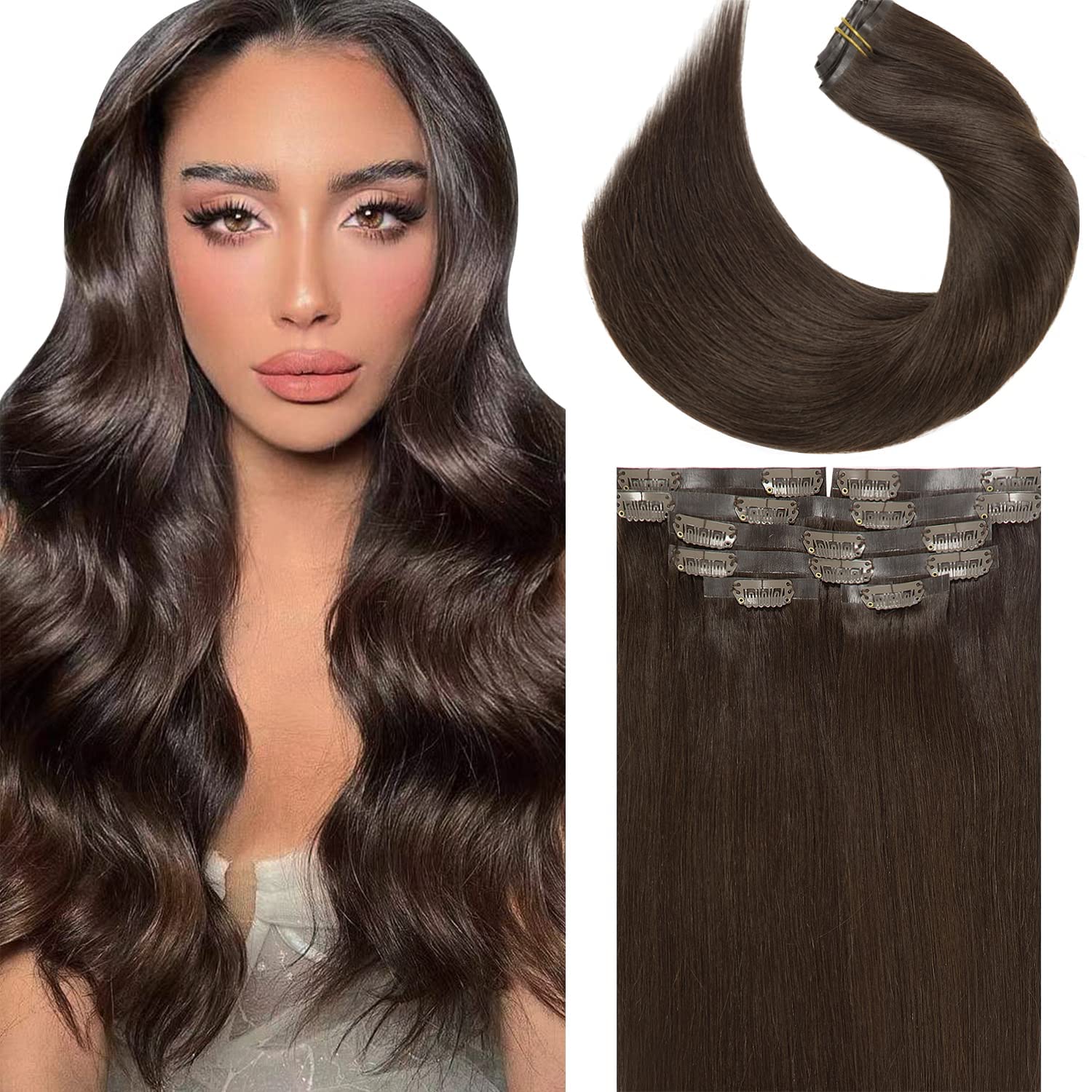 Lacer Hair Seamless Hair Extensions Clip in Human Hair #2 Darkest Brown Ultra Thin Double Weft PU Invisible Clip in Hair Extensi