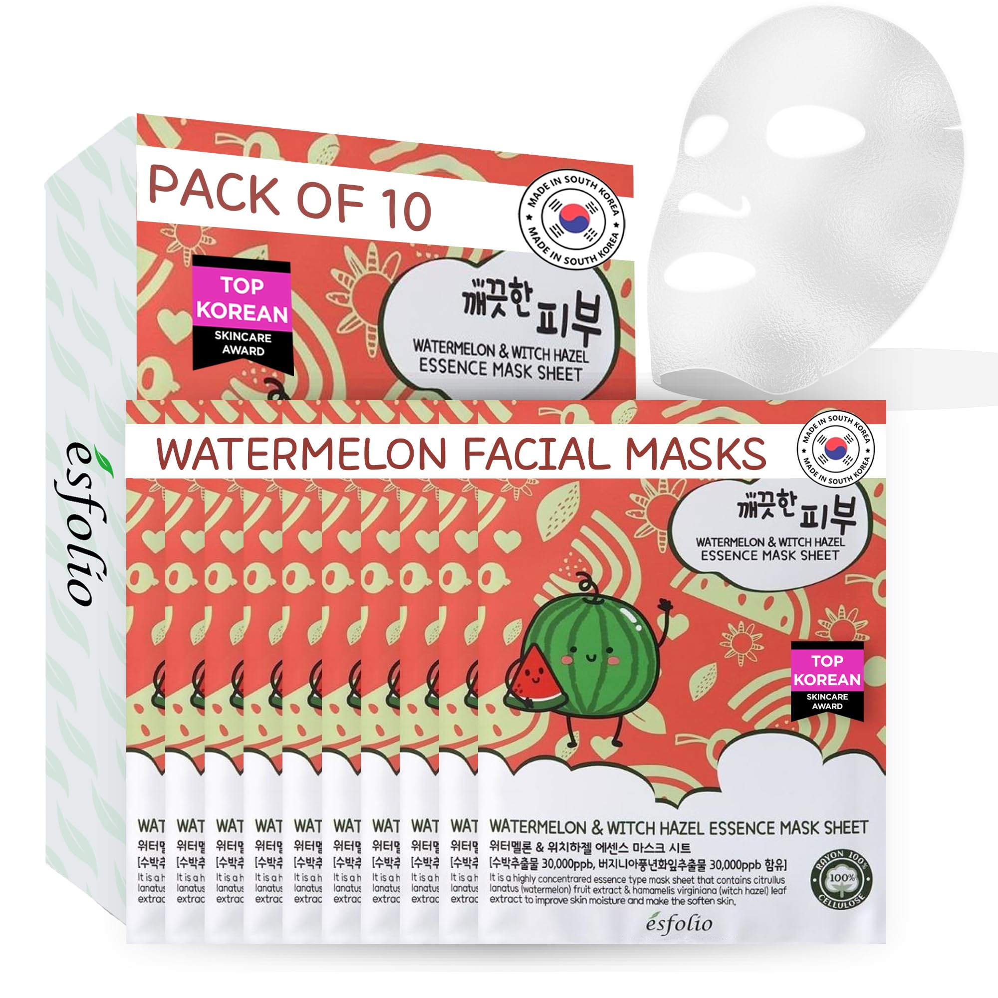 esfolio Pure Skin Watermelon and Witch Hazel Essence Face Mask Sheet - Hydrating & Soothing Skincare Korean Beauty (Pack of 10)