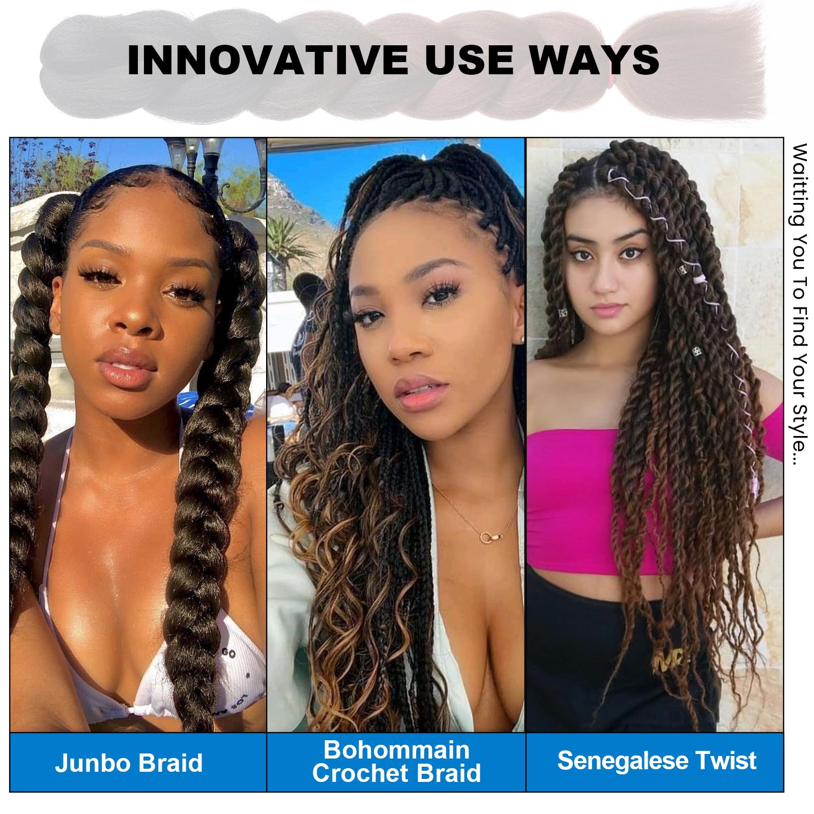 Emmor Jumbo Braiding Hair Extensions 24 Inch High Temperature Synthetic Fiber 3 Pcs Box Braids Braiding Hair Twist Crochet Braid