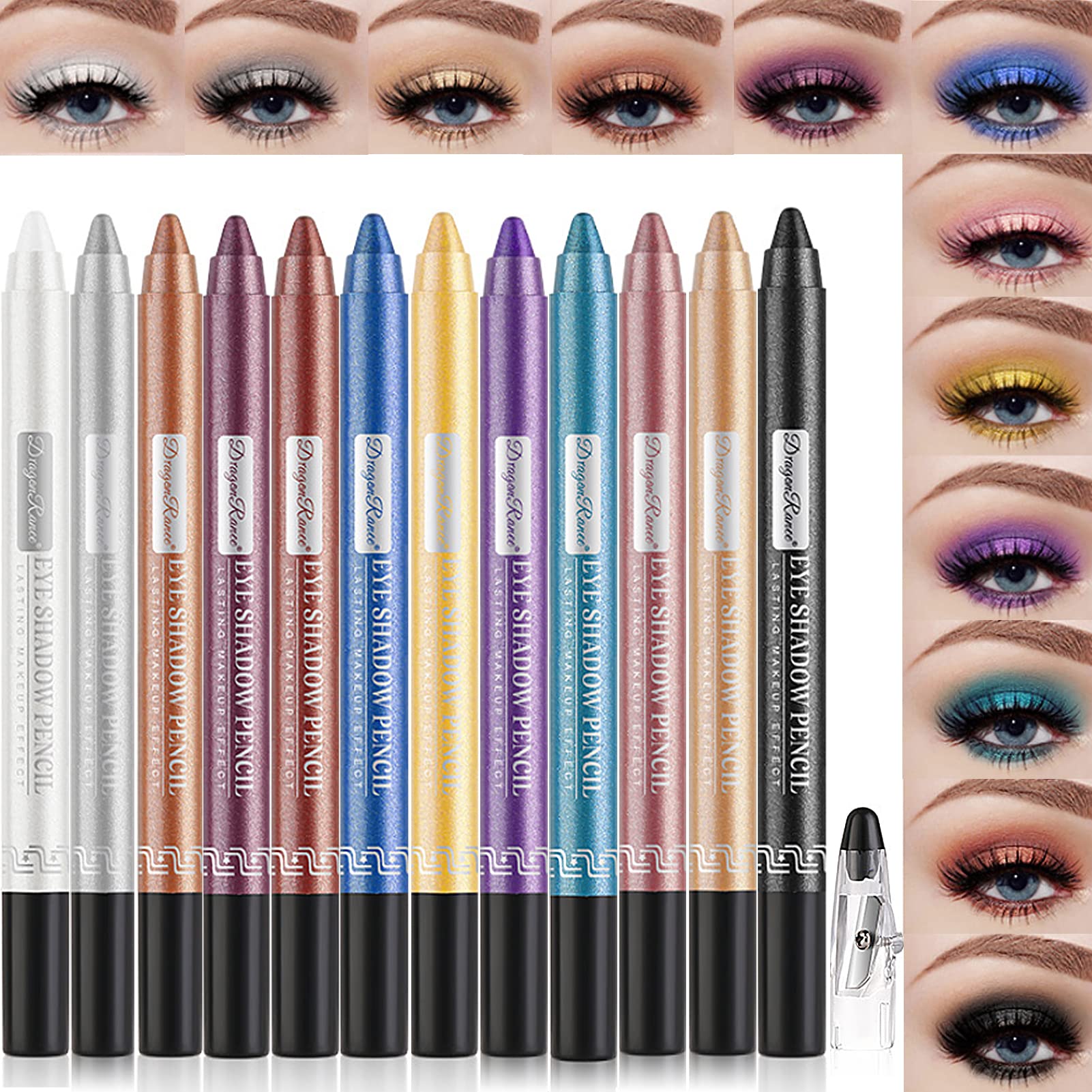 Petansy Cream Eyeshadow Stick Eye Set, 12Pcs Colored Glitter Eyeshadow Stick Eyeliner Pencil, Long Lasting Waterproof Pearlescen