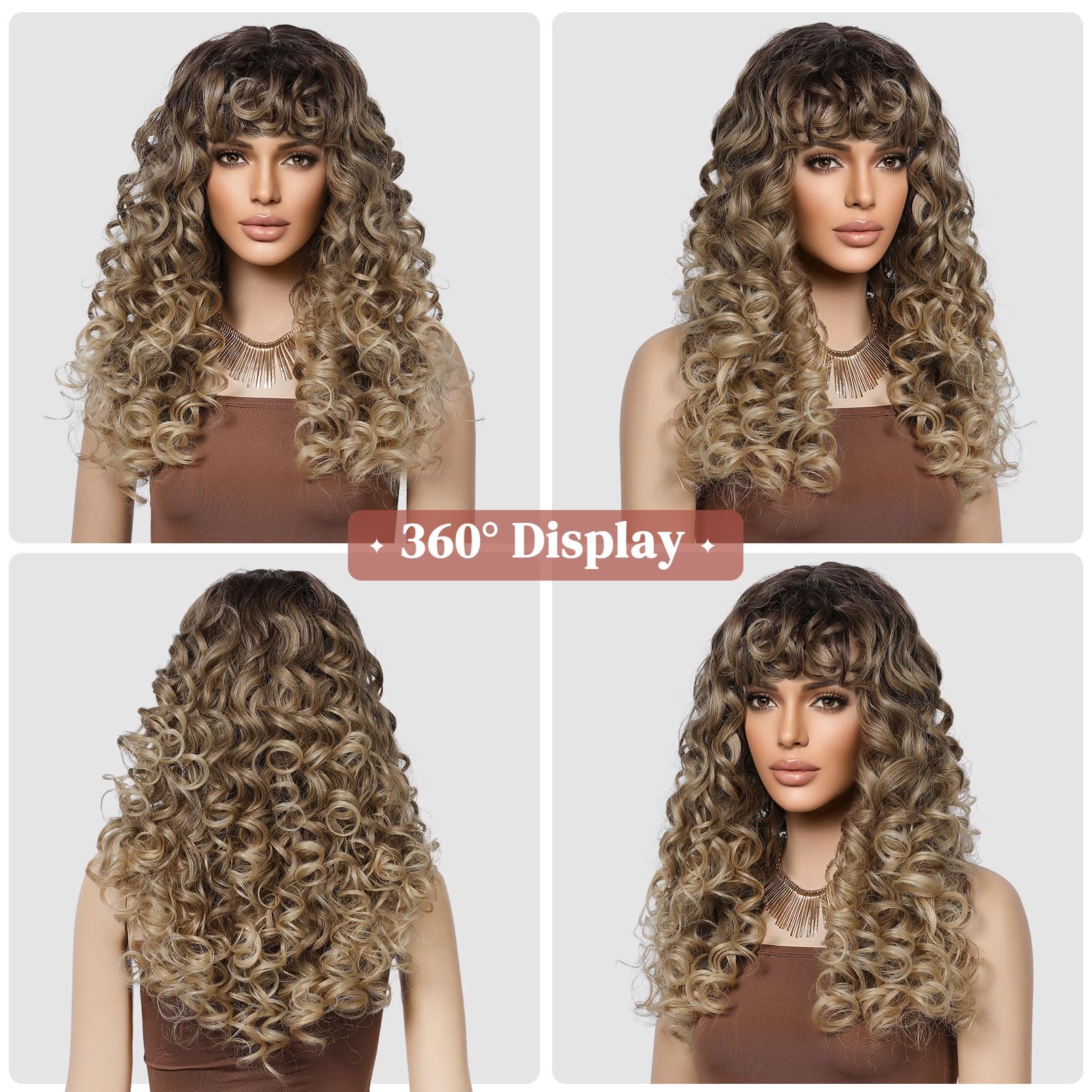 Lonai Curly Wig With Bangs For Women Long Honey Blonde Kinky Wigs With Bangs Wig006 Curly Shag Synthetic Wig For Daily Use Party