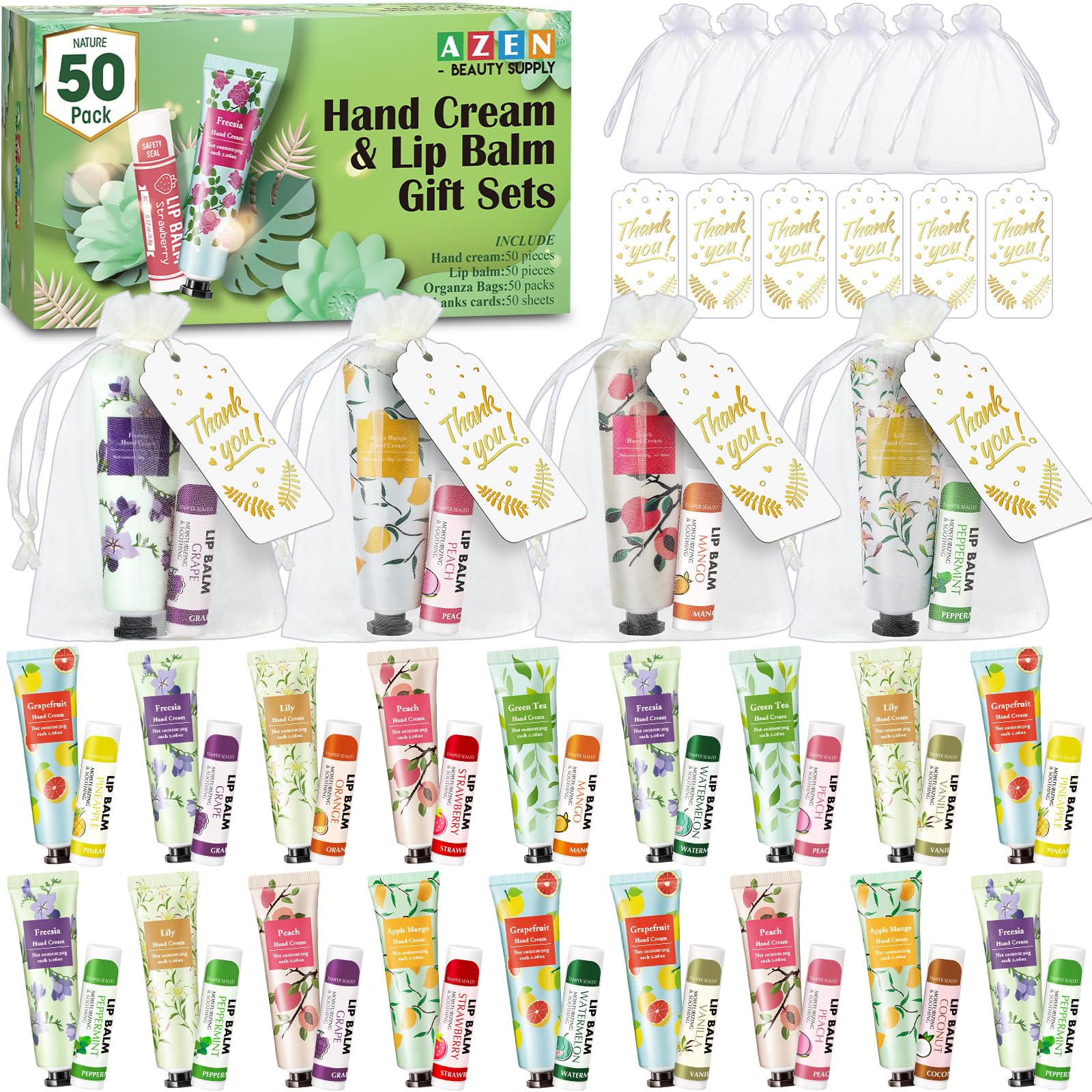 Azen 50 Sets Hand Cream Bulk And Lip Balm Bulk Set, Bridal Shower Gifts For Guests, Thank You Gifts For Coworkers Women Men With