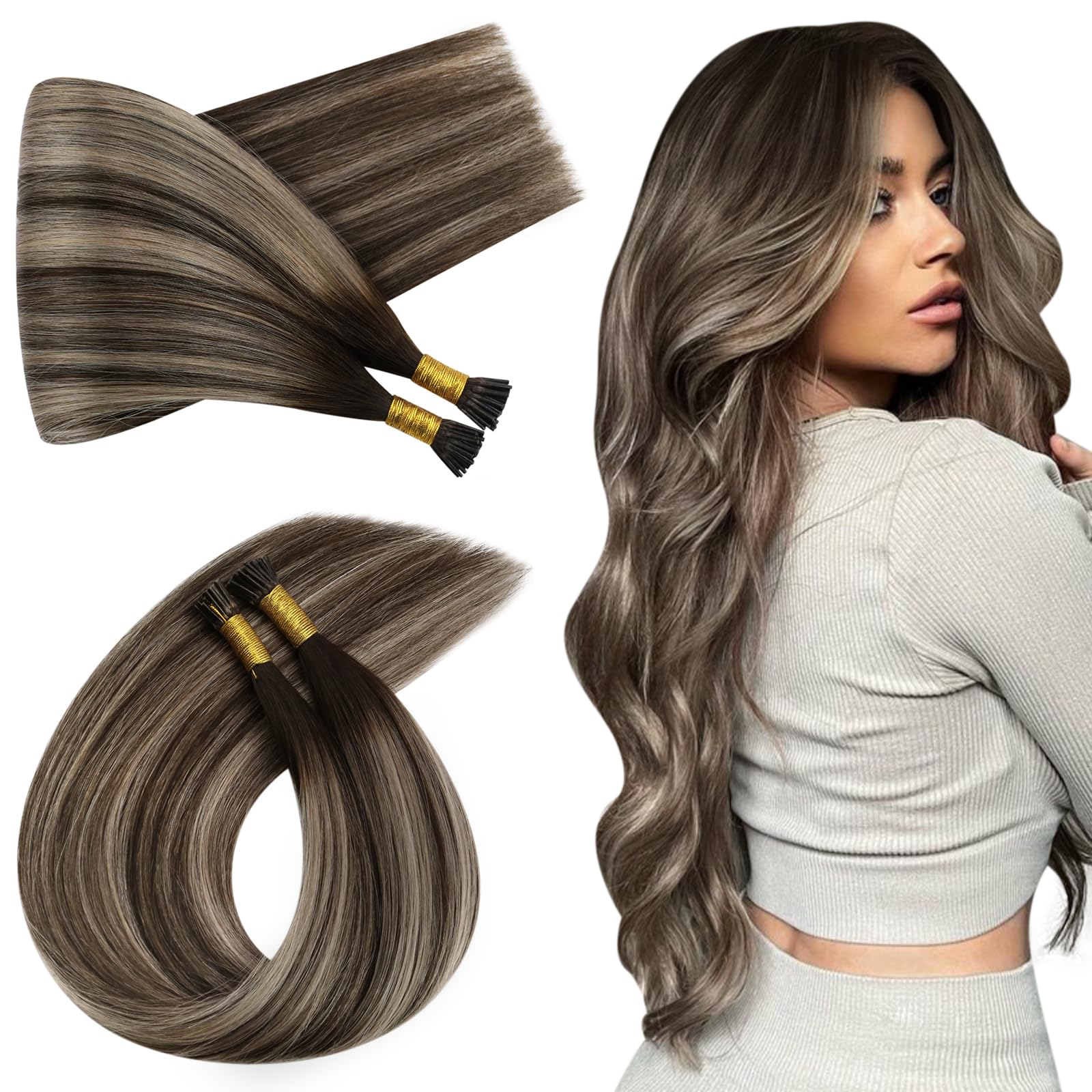 Ugeat Itip Hair Extensions Balayage I Tip Hair Extensions Human Hair Balayage Medium Brown To Ash Blonde Itips Hair Extensions R