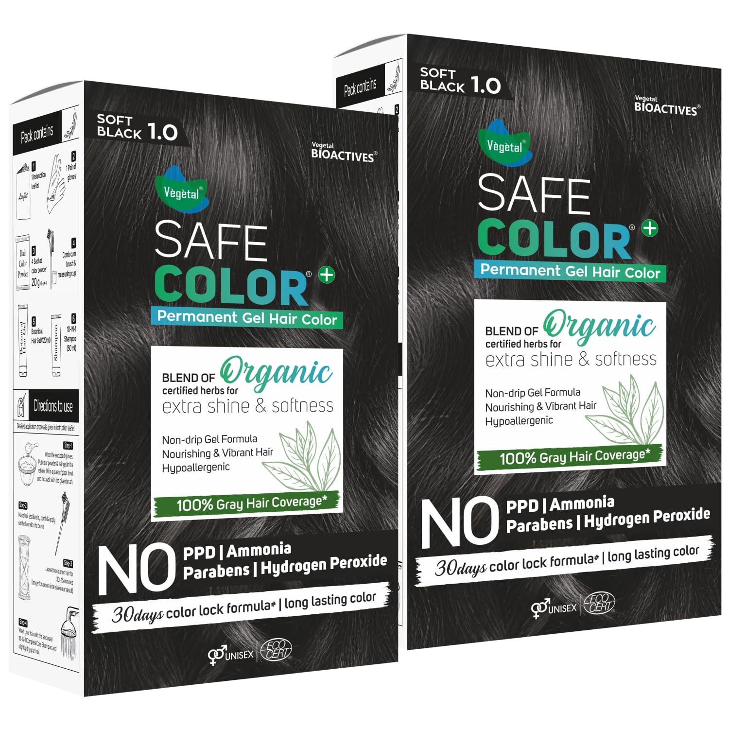 Vegetal Safe Color+ Permanent Gel Hair Colour, Soft Black 1.0, 190Ml. (Pack Of 2) No Ammonia, No Ppd, No Paraben