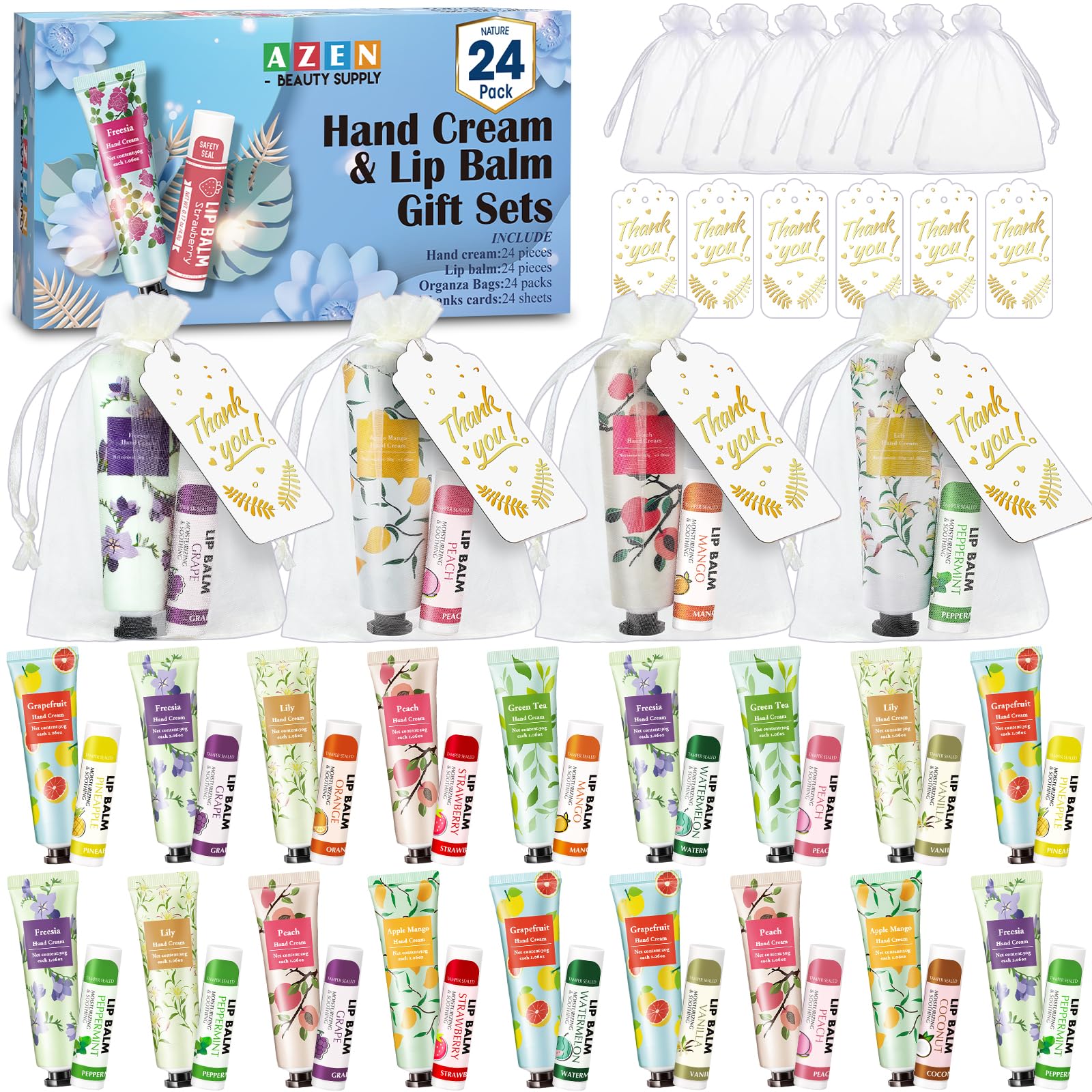 AZEN 24 Sets Bulk Gifts, Hand Cream and Lip Balm Bulk Set with Organza Bag Thank You Card, Baby Shower Wedding Gifts for Guests,