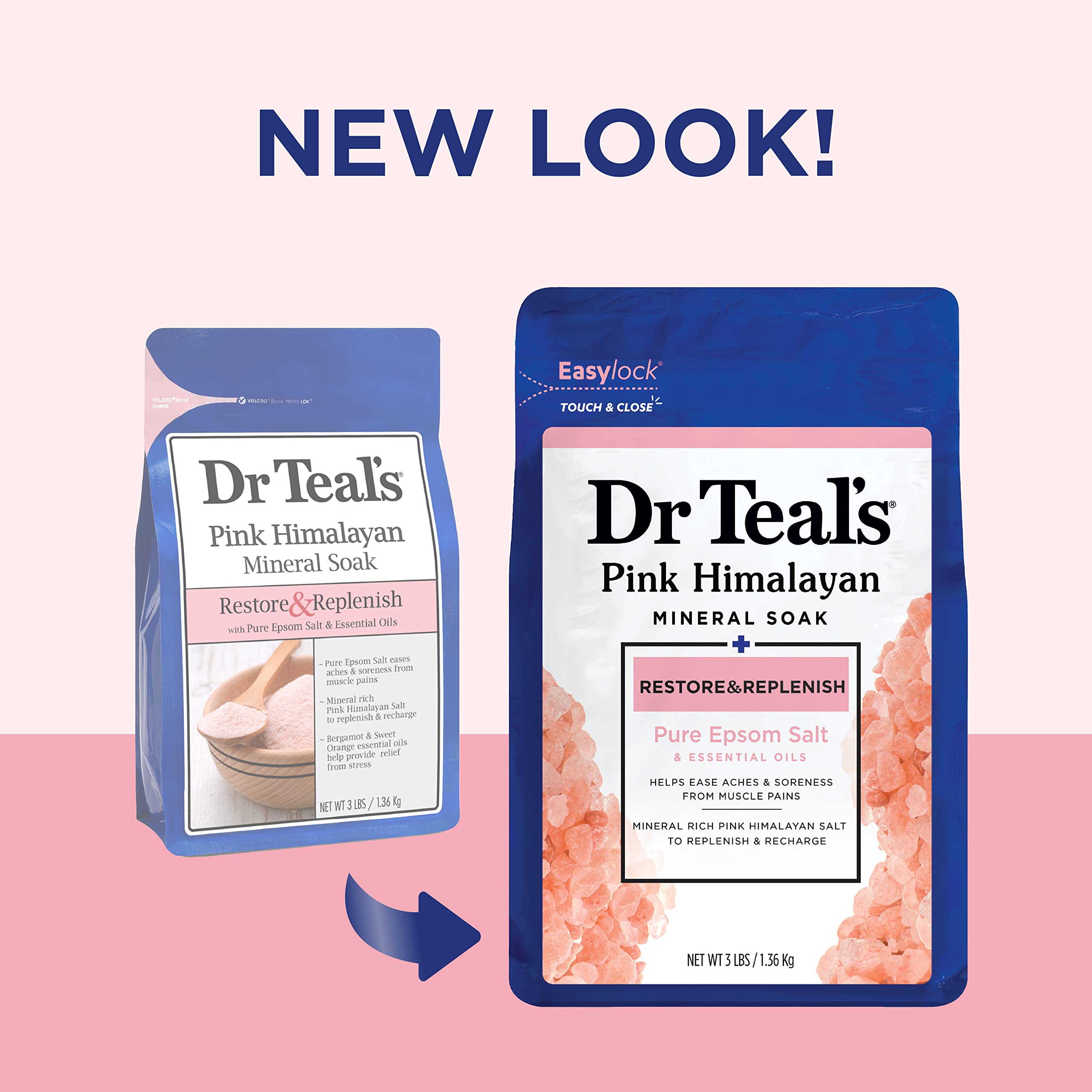Dr Teal 's Pink Himalayan Mineral Soak, Restore & Replenish with Pure Epsom Salt, 3 lbs (Packaging May Vary)