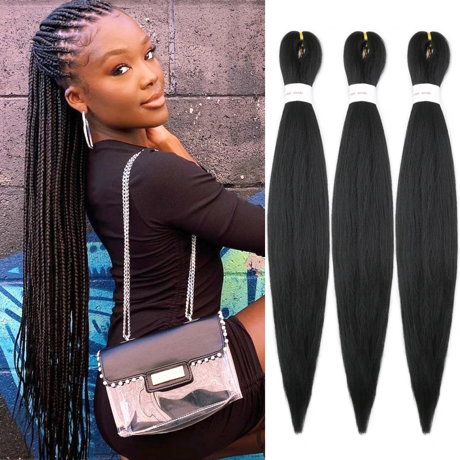 Iximii 3 Packs 1B# Pre Stretched Braiding Hair 20 Inch Natural Black Kanekalon Hair Pre-Stretched Straight Braids Soft Yaki Text