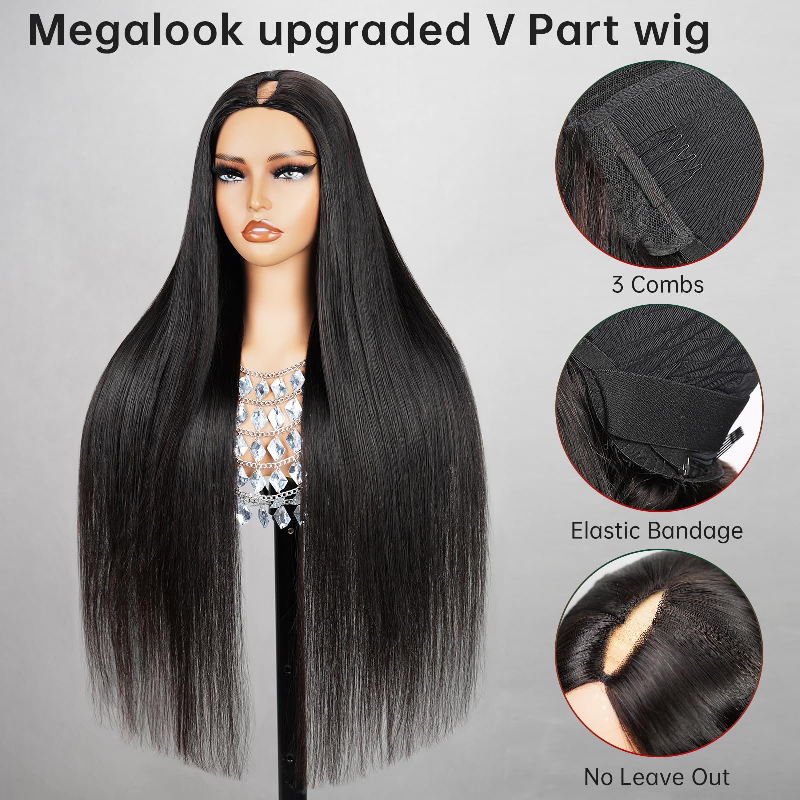 Megalook V Part Wig Human Hair Glueless Wigs 180% Density Clip In Straight Human Hair Wigs For Black Women Human Hair No Sew In