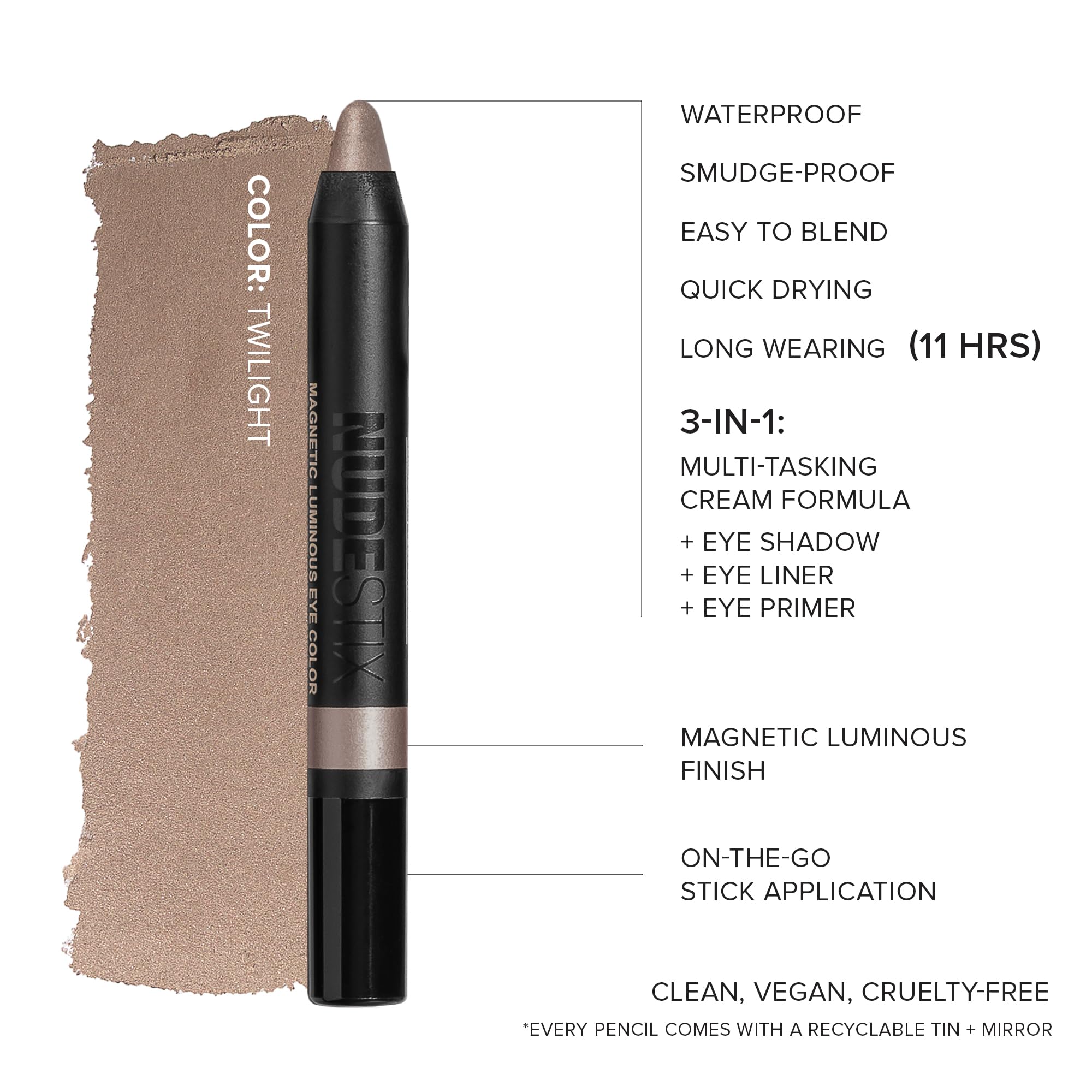 Nudestix Magnetic Luminous Eye Color Pencil, Eyeshadow + Eyeliner + Eyelid Primer + Highlighter Stick, Satin Finish Cream Makeup