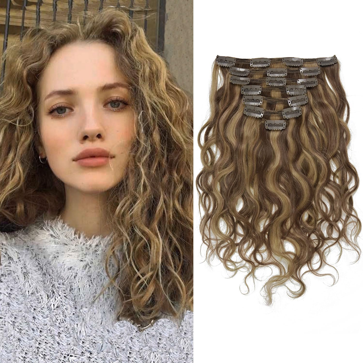 LacerHair 14Inch Curly Clip in Hair Extensions Highlight Honey Blonde with Dark Brown Thick Human Hair Extensions Natural Wave C