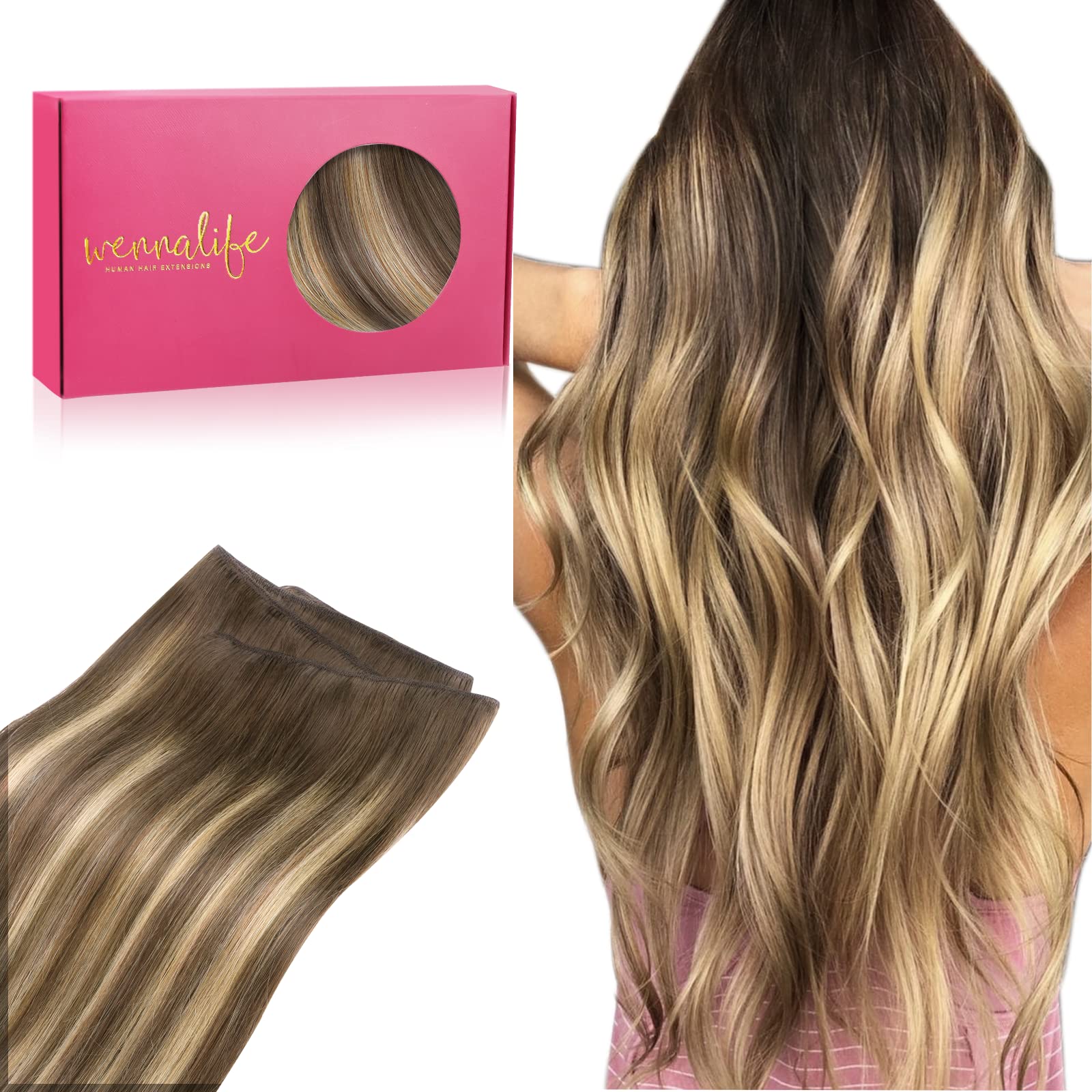 Wennalife Sew In Hair Extensions Real Human Hair, Weft Hair Extensions Human Hair 16 Inch 80G Balayage Chocolate Brown To Carame