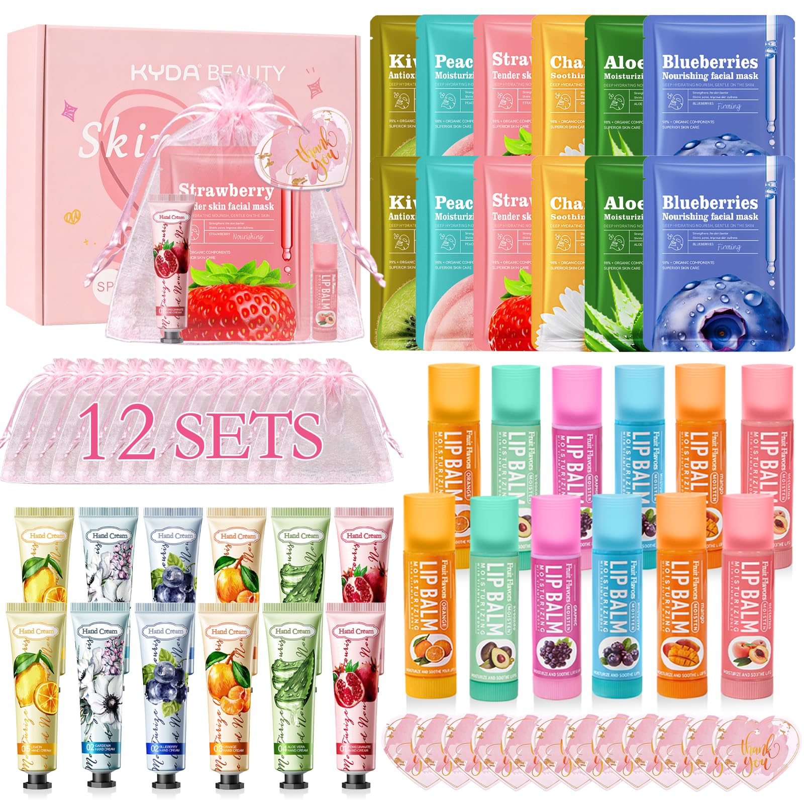 KYDA 60 Pcs Bulk Gifts for Women, Face Mask, Hand Cream, Lip Balm, Spa Birthday Gift Sleepover Party Supplies Slumber Party, Ski