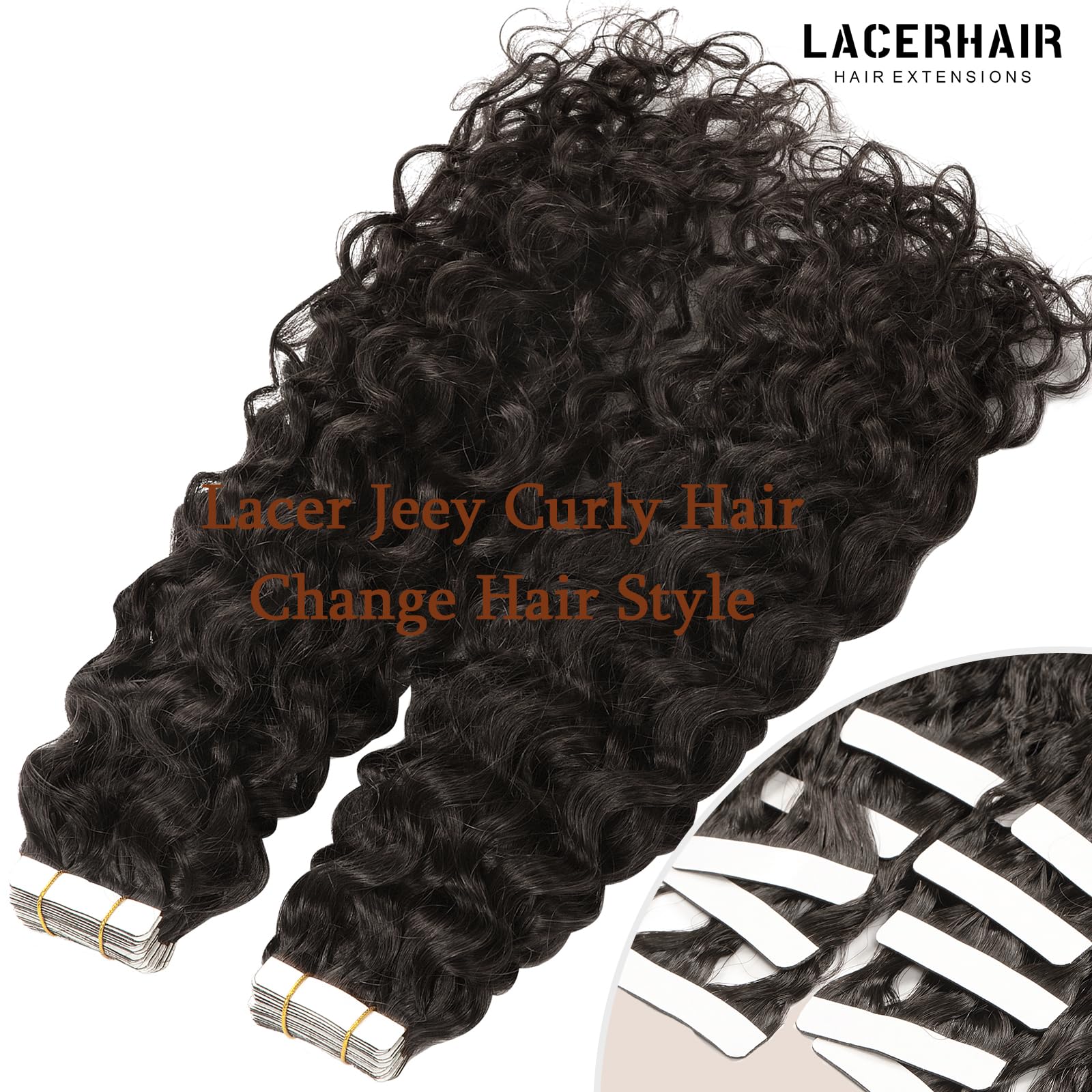 Lacer Curly Tape In Hair Extensions Real Human Hair Extensions 14 Inch Natural Black 1B Color, Tape In Hair Extensions Human Hai