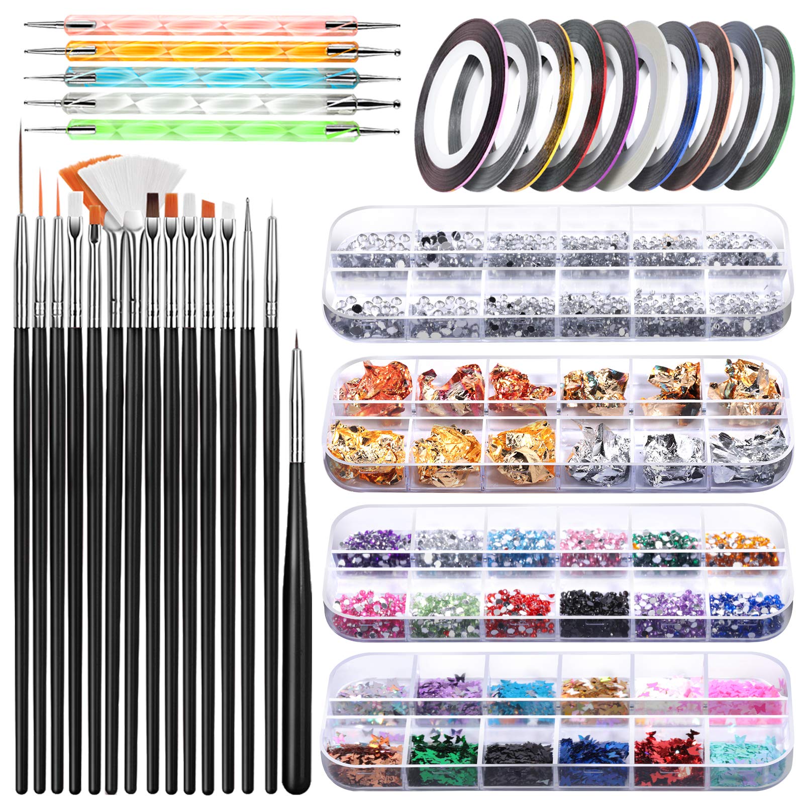 Nail Art Brush, Teenitor 3D Nail Art Decorations Kit With Nail Pen Designer Dotting Tools Colors Holographic Butterfly Nail Glit