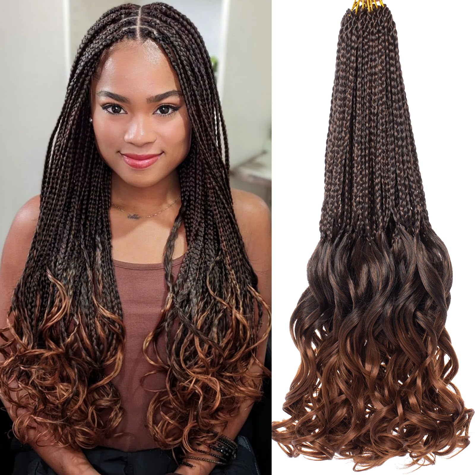 COOKOO 18 Inch Pre Looped French Curl Crochet Braids 9 Pack Ombre Brown French Curly Bouncy Braiding Hair With Curly Ends Pre-st