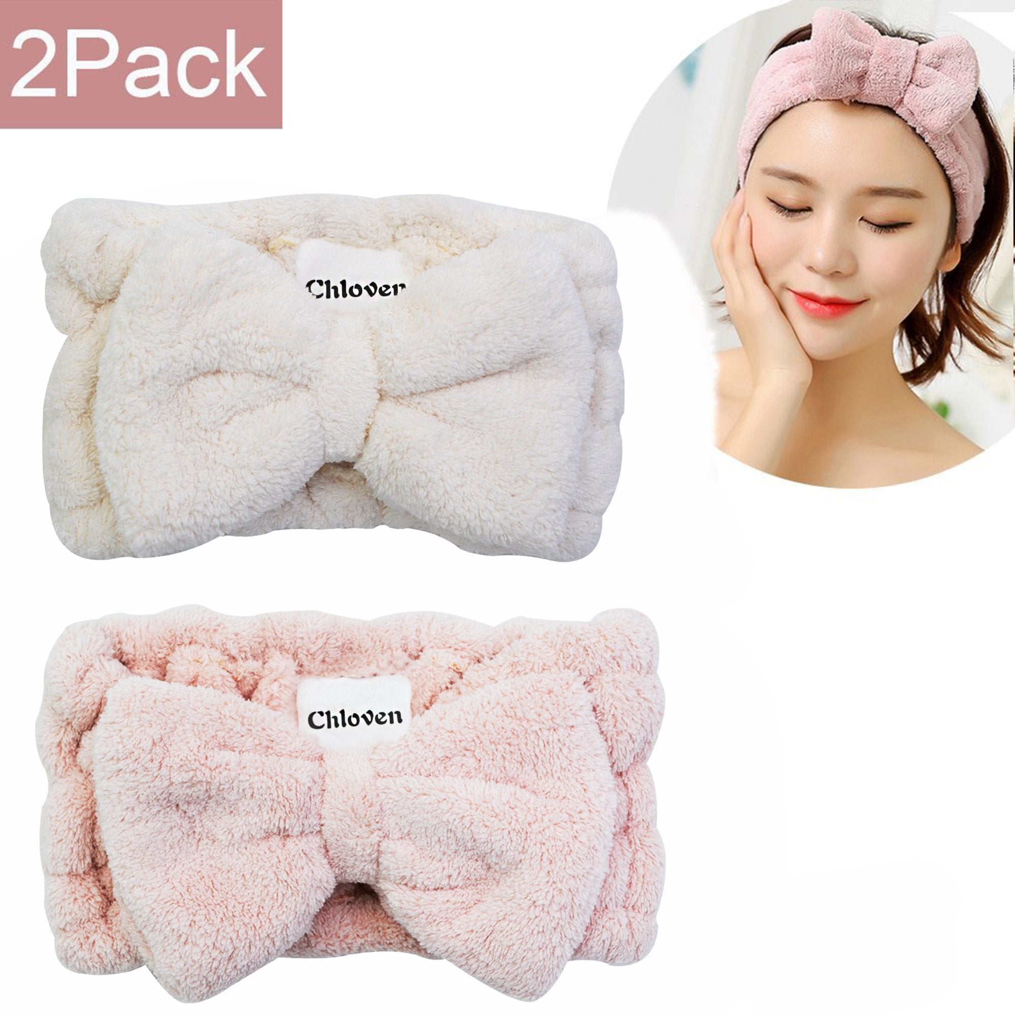 Chloven 2 Pack Microfiber Bowtie Headbands Facial Makeup Headband Cosmetic Bowknot Hairlace Wash Spa Yoga Sports Shower Adjustab