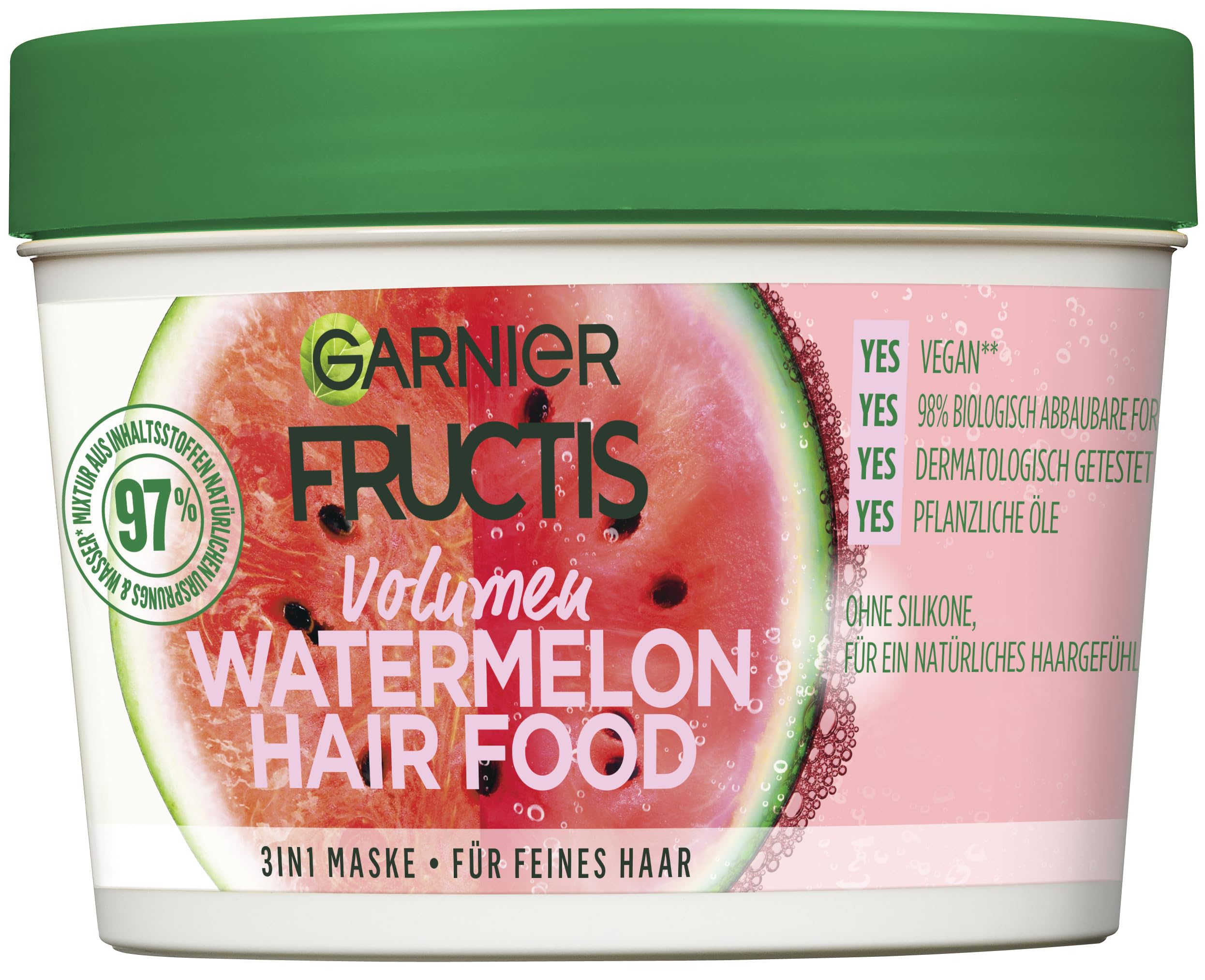 Garnier Hair Mask, Watermelon Hairfood, Moisturising 3-in-1 Mask, Gently Detangles Fine Hair and Gives Unrivalled Shine, Fructis
