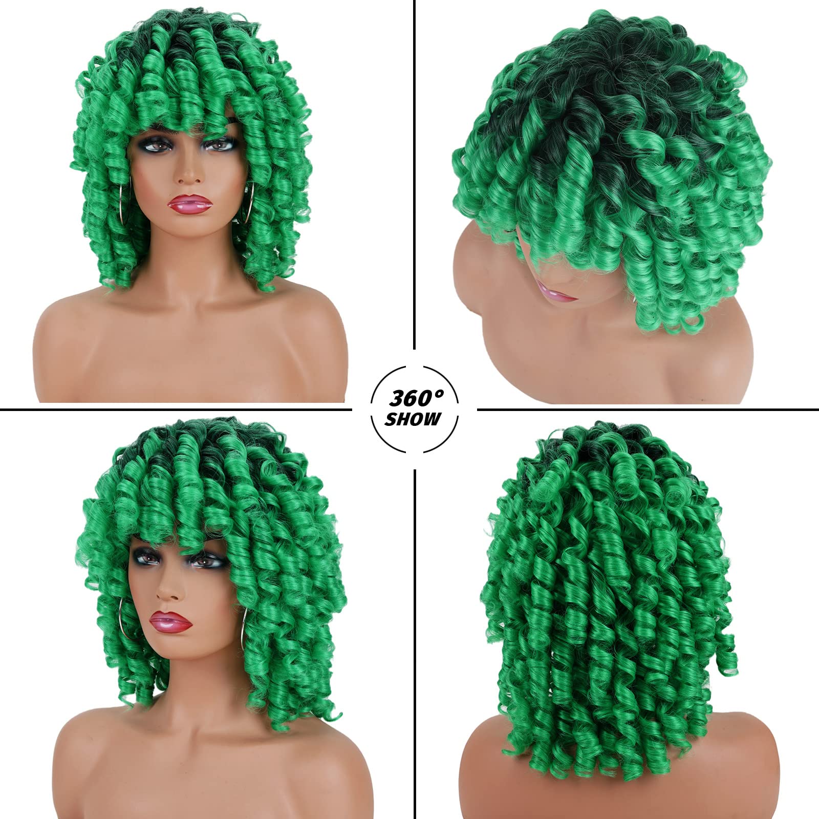Andromeda Ombre Green Wigs For Black Women Soft Short Curly Wig With Bangs Synthetic Afro Loose Kinky Curly Wig St. Patrick'S Da