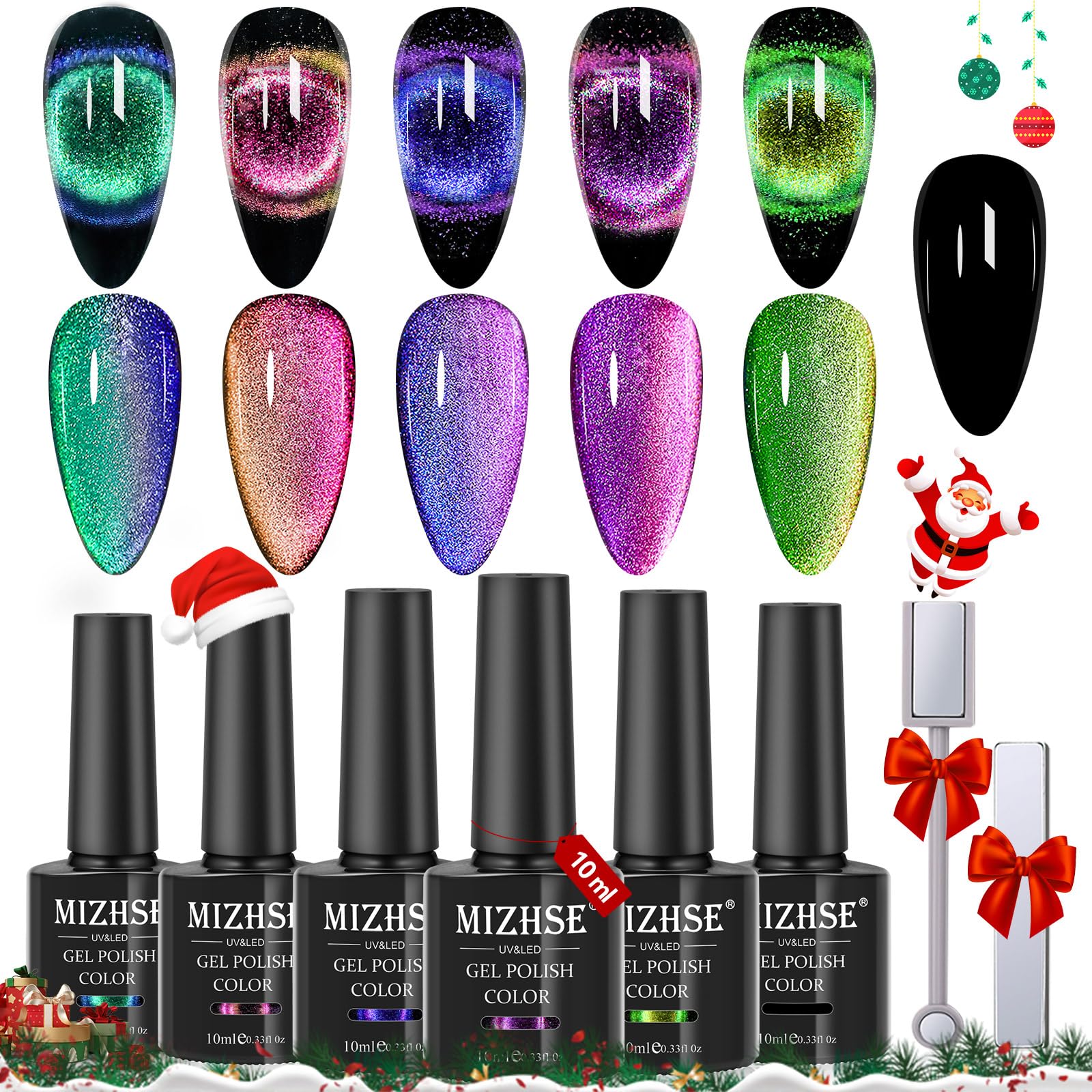 Mizhse 9D Cat Eye Gel Nail Polish, Magnetic Cat Eye Gel Polish Set, 10Ml*6 With 2 Magnets, Classic Colors Chameleon Magic Galaxy