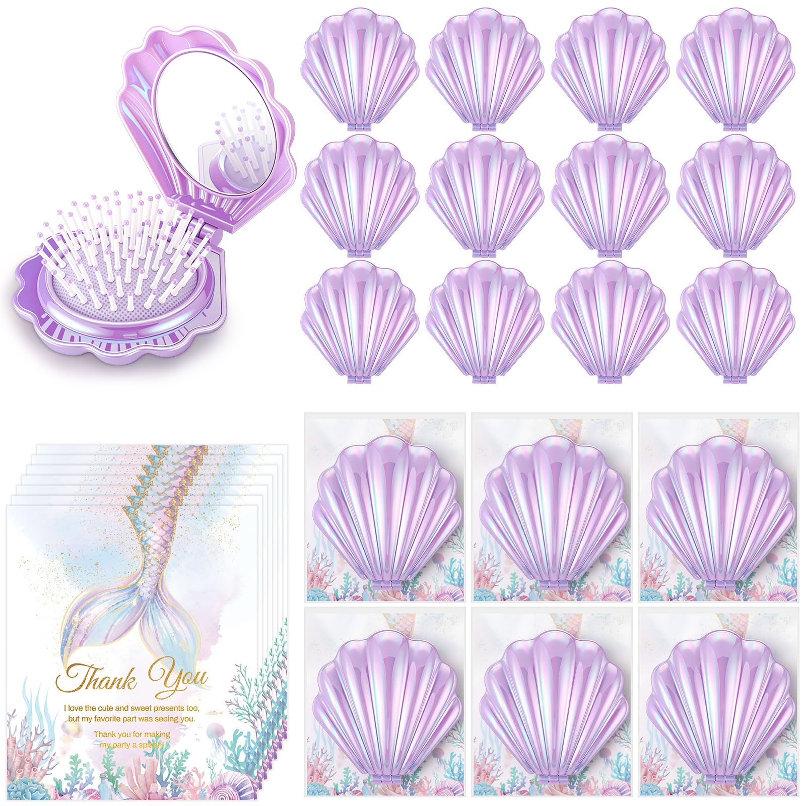 LemonRoad 24 Sets Mermaid Party Favors Shell Hair Brush with Mirror Card, Foldable Mini Travel Compact Hair Brush for Women Birt