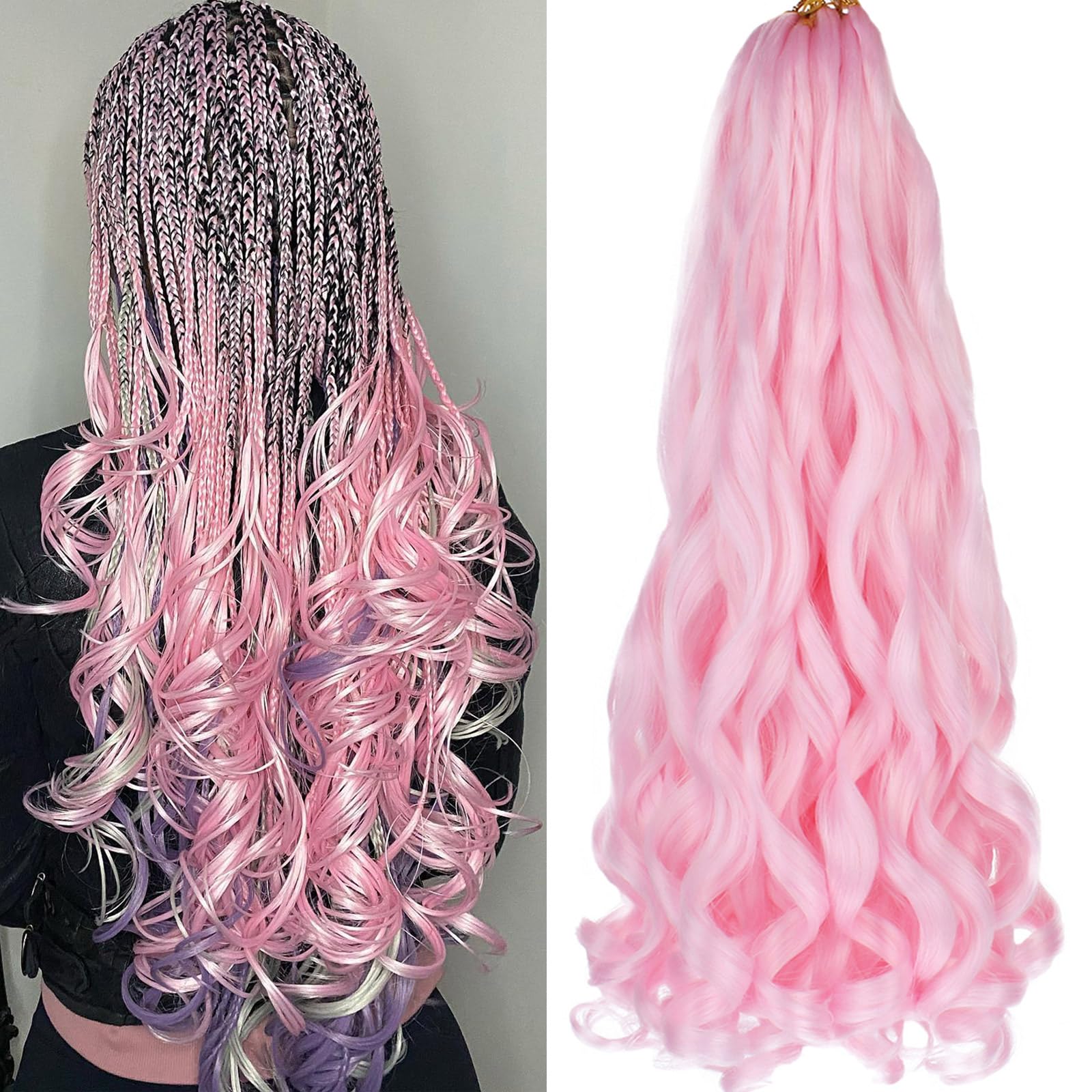 COOKOO Pre Stretched French Curl Braiding Hair Pink 22 Inch 2 Packs Goddess Crochet Hair with Curly Wave Ends 75g/Pack Loose Wav