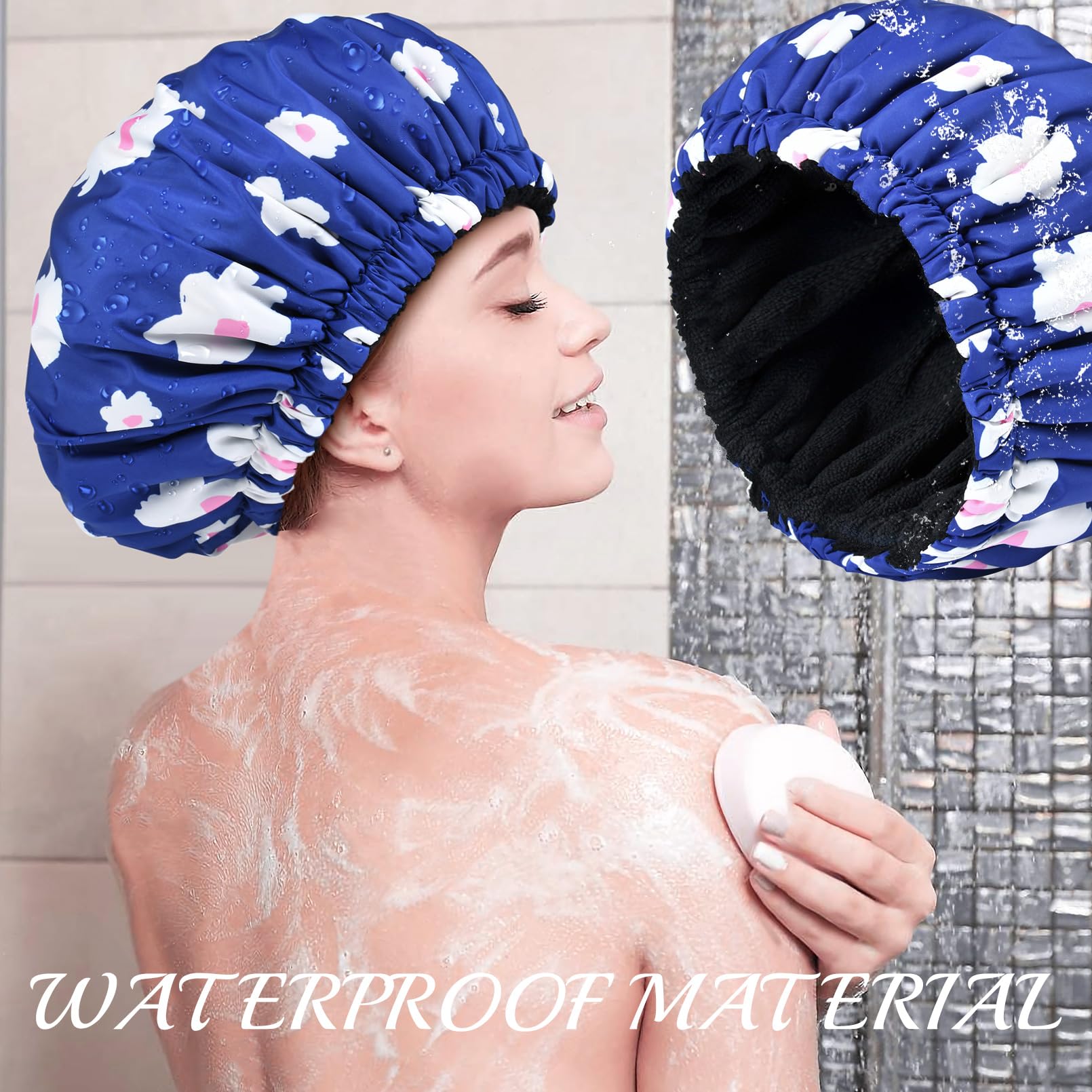 Shower Cap For Women Terry Lined Bath Cap Large Reusable Waterproof Elastic Band Blue Shower Caps For Long Thick Hair Soft Bath
