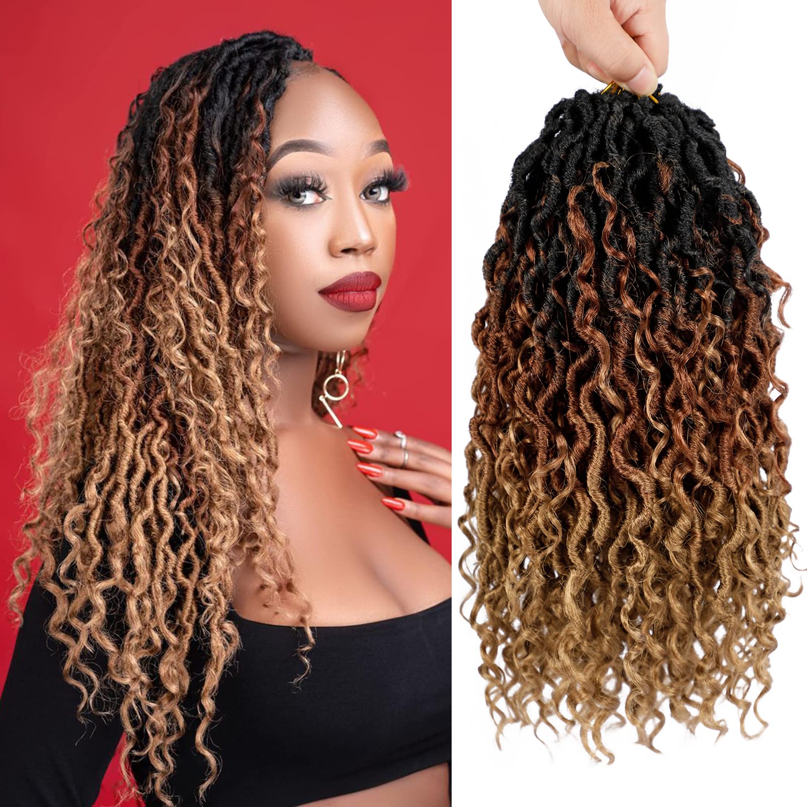 Goddess Locs Crochet Hair 14 Inch 7 Packs Ombre Brown Boho Faux Locs Crochet Hair for Black Women Pre Looped Crochet Locs with C