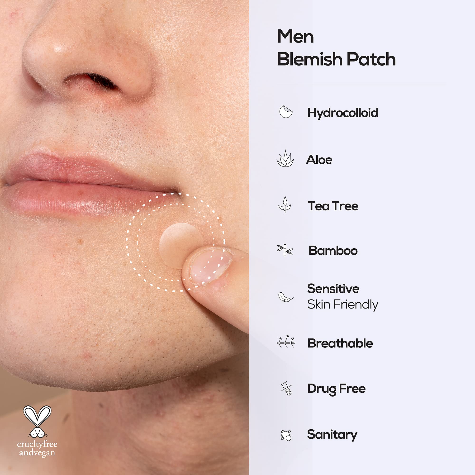 Hanhoo Mens Blemish Patch, 36 Count, With Tea Tree, Aloe, And Bamboo, Shrinks Pimples, Protects From Finger-Picking, Soothes Raz