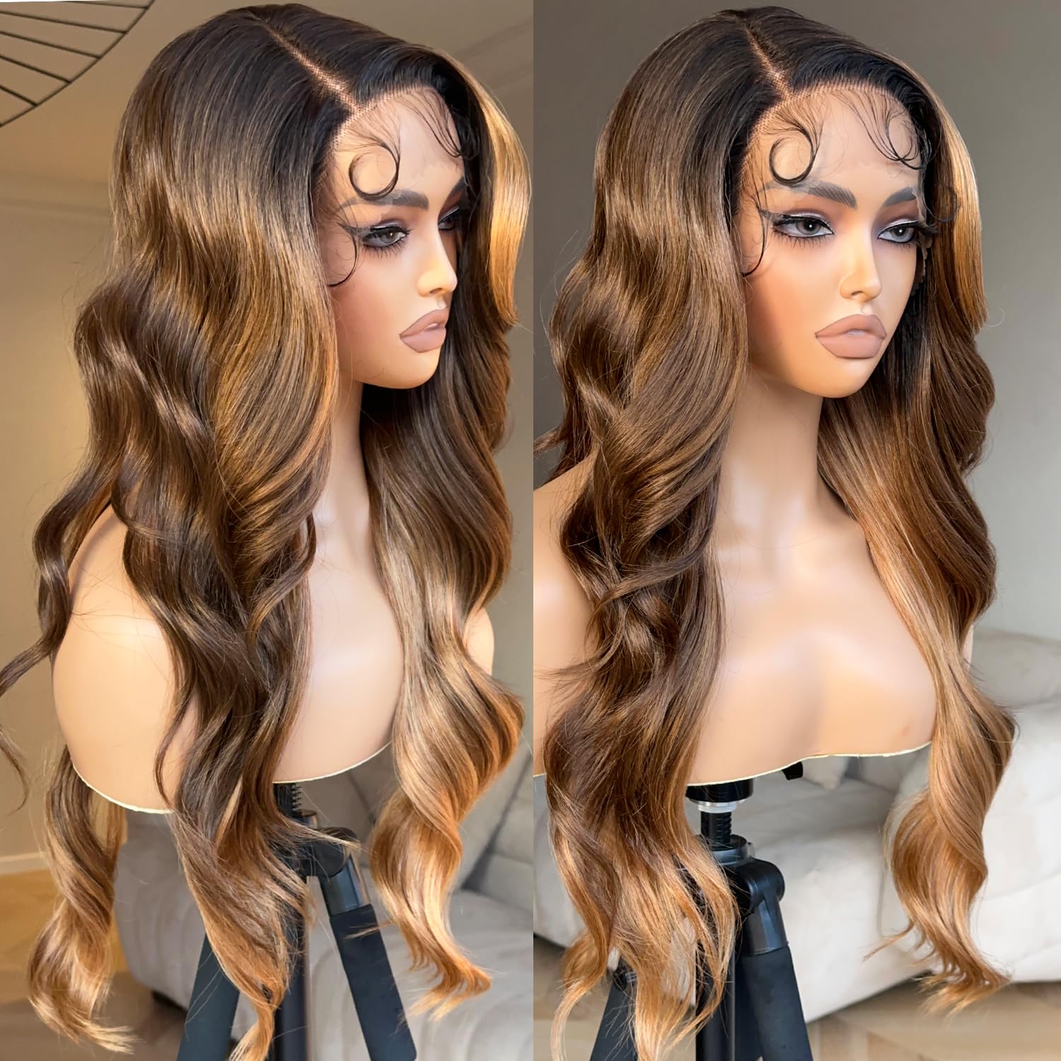 BrownBomb Ombre Lace Front Wig Pre Plucked, Highlight Lace Front Wig Body Wave, Glueless Synthetic Lace Front Wigs, Brown and Bl