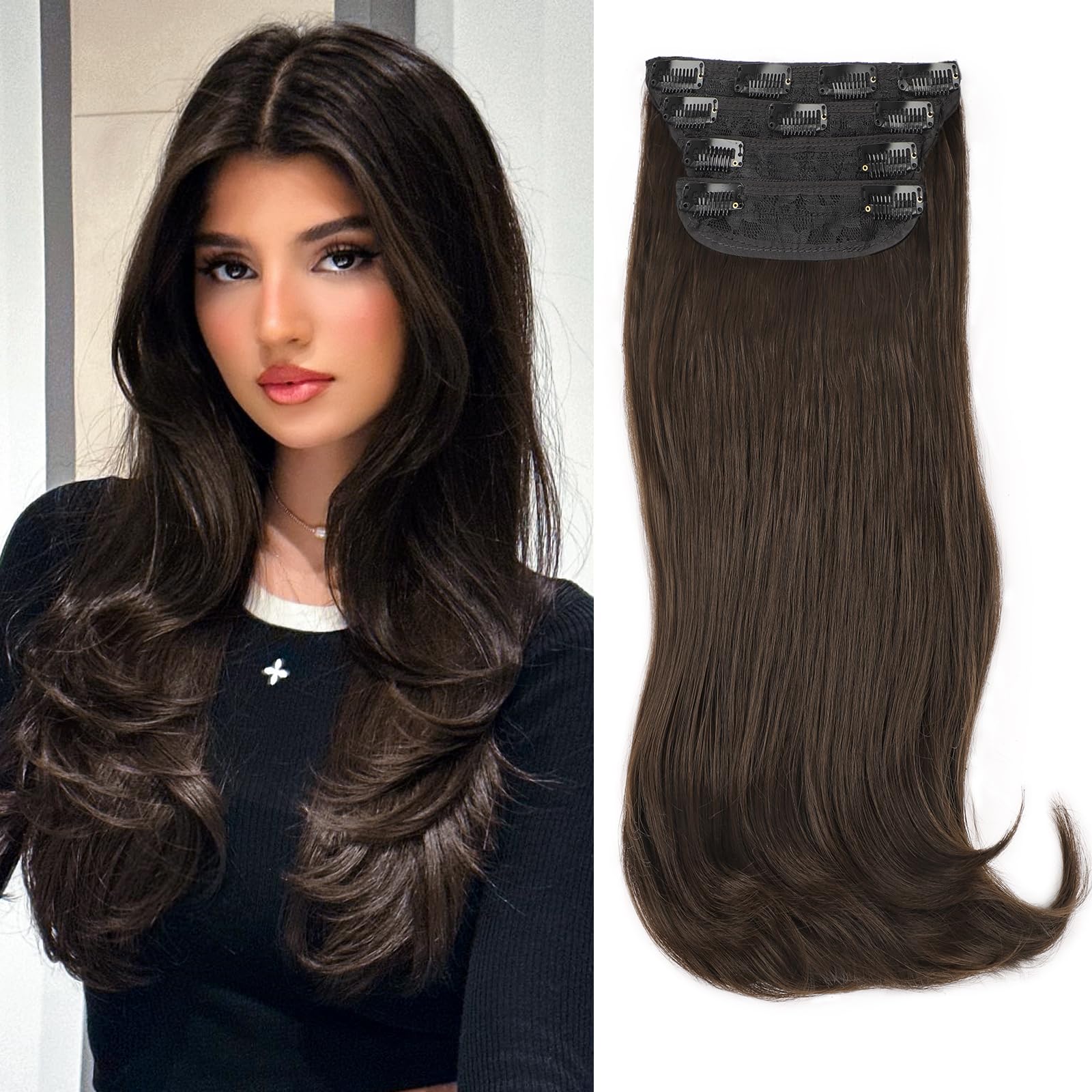 FREEMEIGE Clip in Hair Extensions Hair Extensions for Women Hair Extension Straight Layered Hair Extensions Clip ins Brown Synth