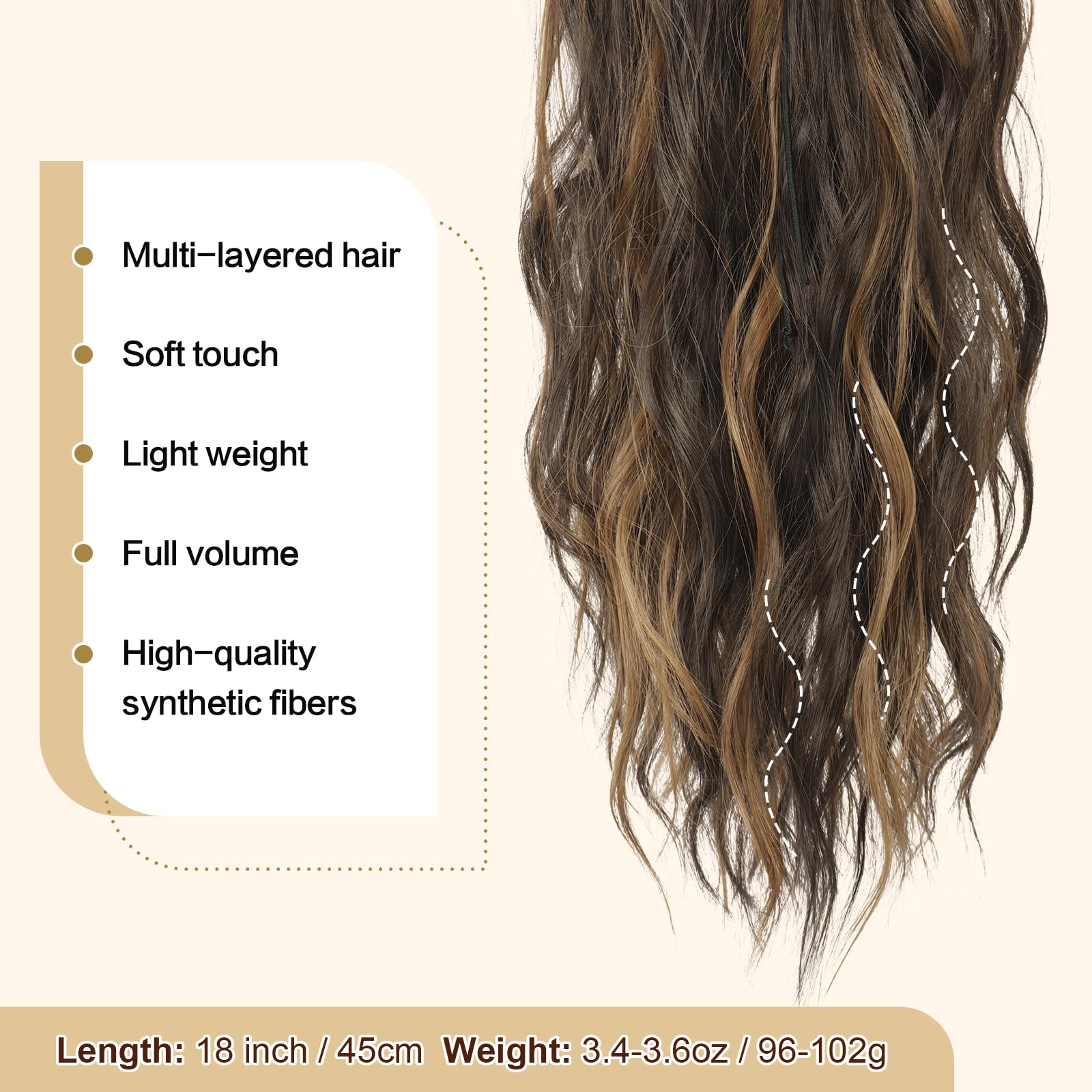 Feshfen Ponytail Extensions, Drawstring Ponytails Hair Extension Black Brown Mix Golden Blond Long Curly Wavy Hair Piece Synthet