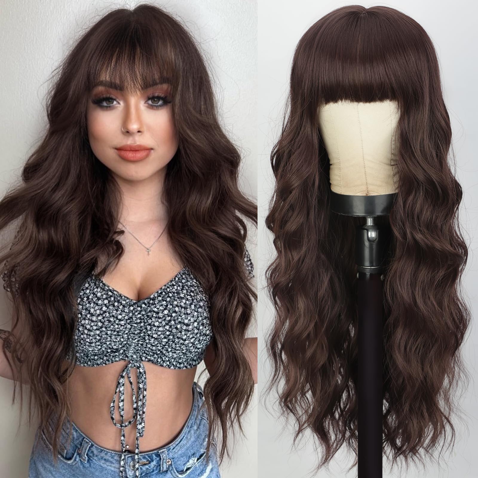 Lativ Brown Wig With Bangs Long Wavy Reddish Brown Wigs Synthetic Heat Resistant Curly Wigs for Women Daily Party Use 26 Inches