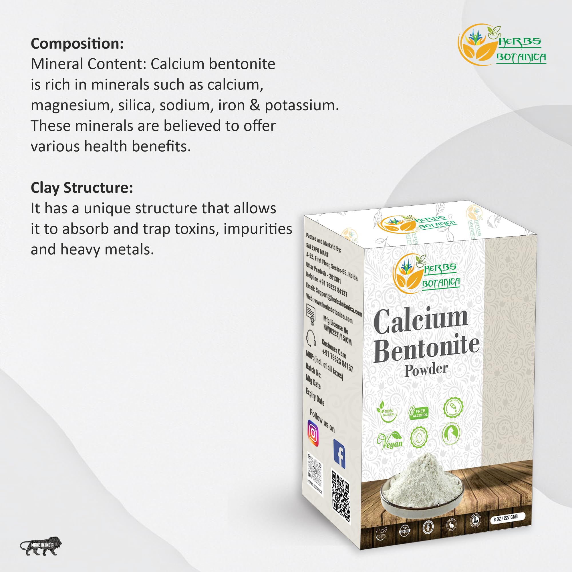 Herbs Botanica Calcium Bentonite Clay Food Grade Powder Indian Healing Clay For Face And Body, Detox Body Wrap, Deep Pore Cleans