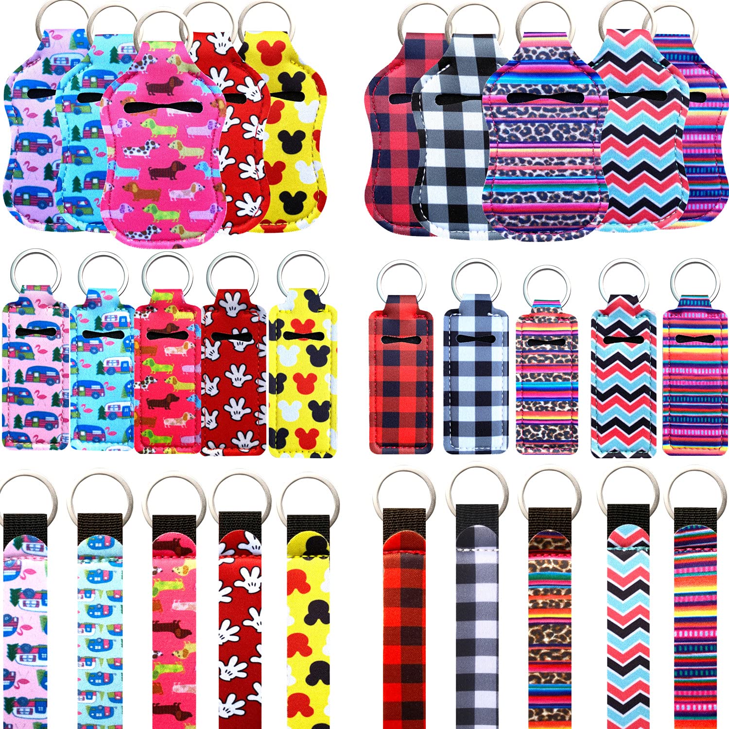 PUEZOKLY 40pcs Travel Bottles Key chain Set with Wristlet Chapstick Holders keychain Hand Sanitizer Holder Keychain with Empty B