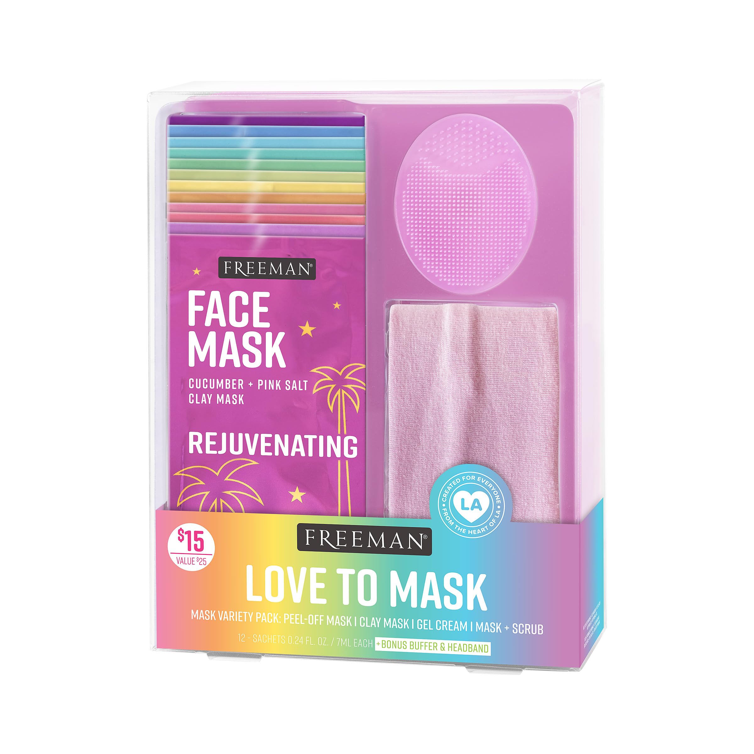 Freeman Facial Love To Mask 14 Piece Variety Pack: Oil Absorbing Clay, Detoxifying Charcoal, Clearing Peel Off, Hydrating Gel Cr