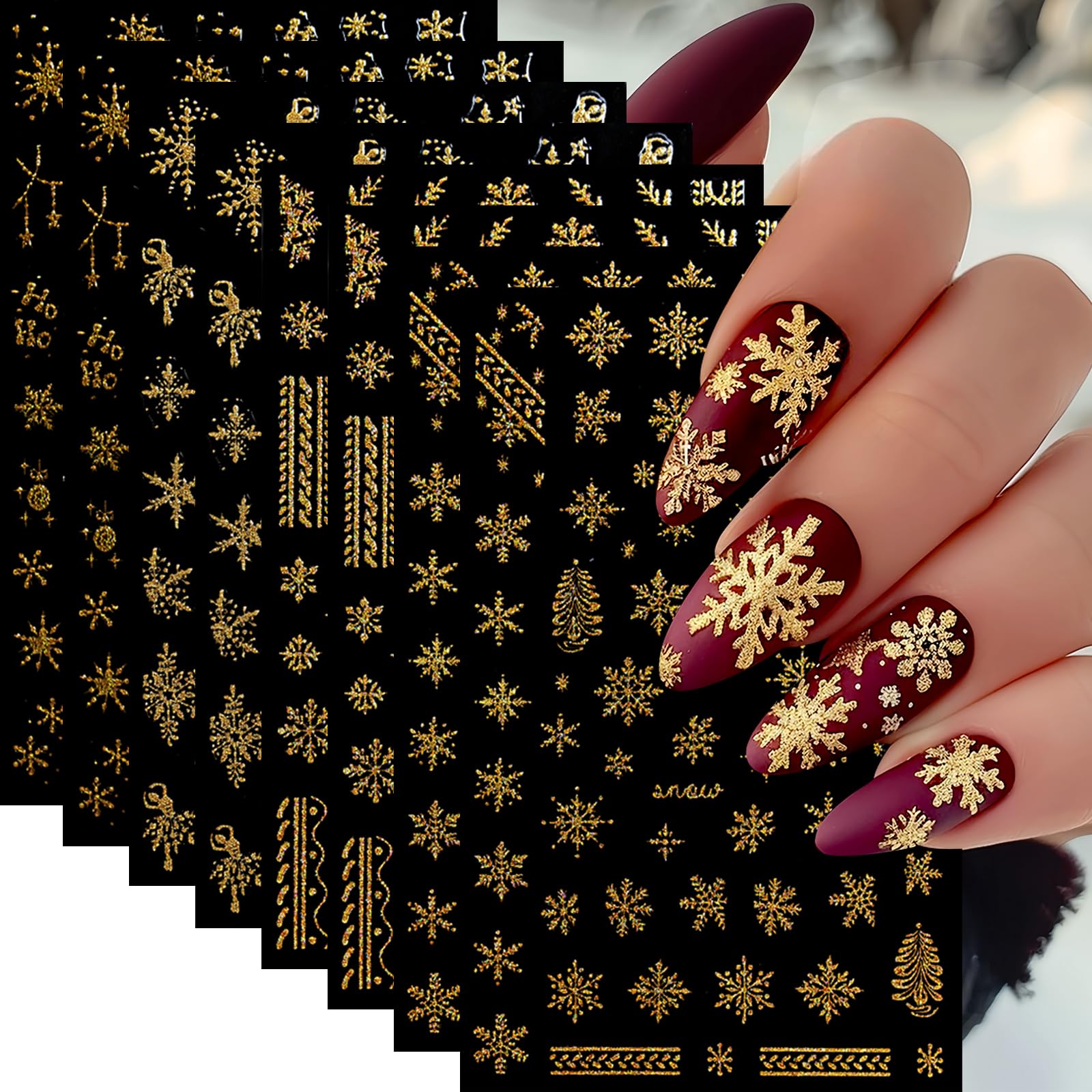 8 Sheets Snowflake Nail Art Stickers 3D Self-Adhesive Christmas Snowflake Glitter Nail Decals Snowflake Xmas Winter Holiday Cute