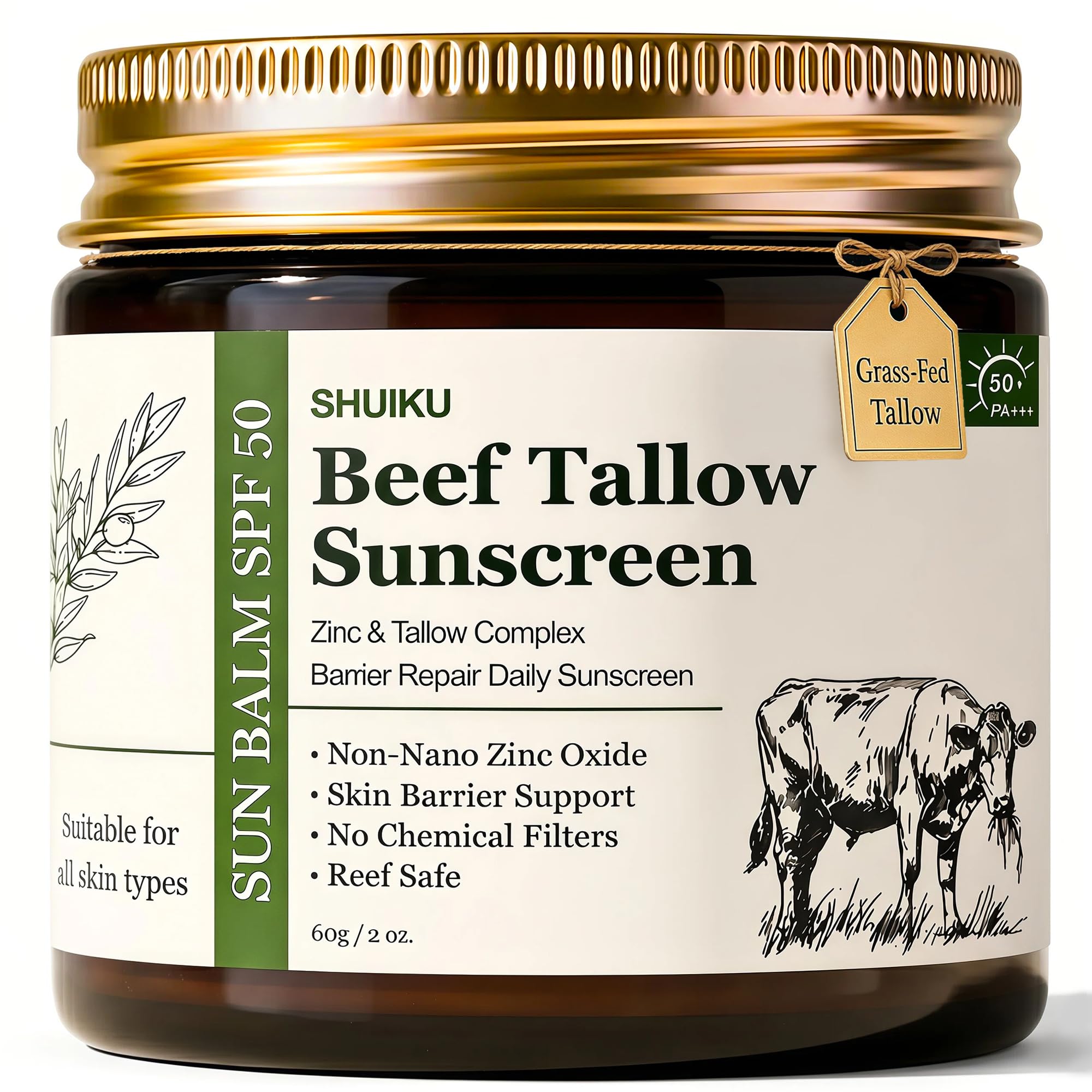 Beef Tallow Sunscreen SPF 50 for Face & Body, Organic Mineral Sunscreen with NonNano Zinc Oxide, Water Resistant Moisturizing S