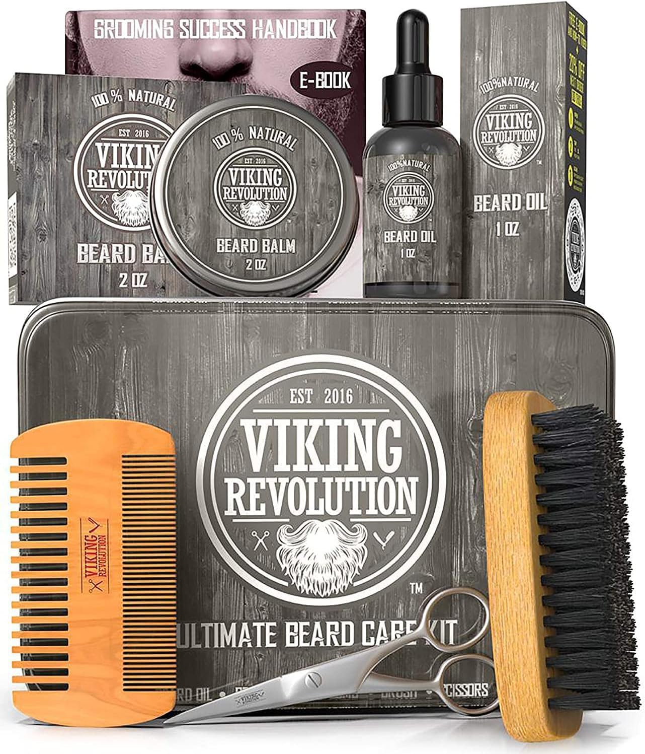 Viking Revolution Beard Care Kit For Men - Kit Includes 100% Boar Beard Brush, Wooden Comb, Beard Balm, Beard Oil, Beard & Musta