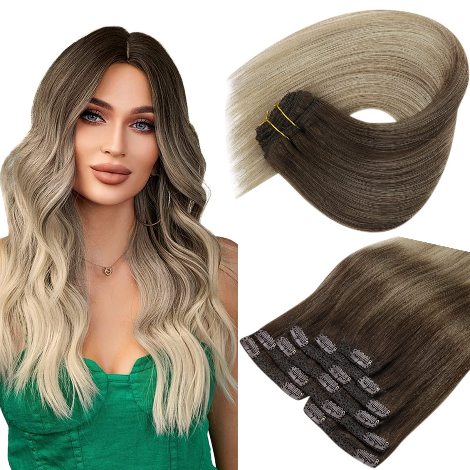 [Uncontinued] Clip in Human Hair Extensions, Sunny Ombre Clip in Hair Extensions Real Human Hair, Balayage Clip in Extension Hum