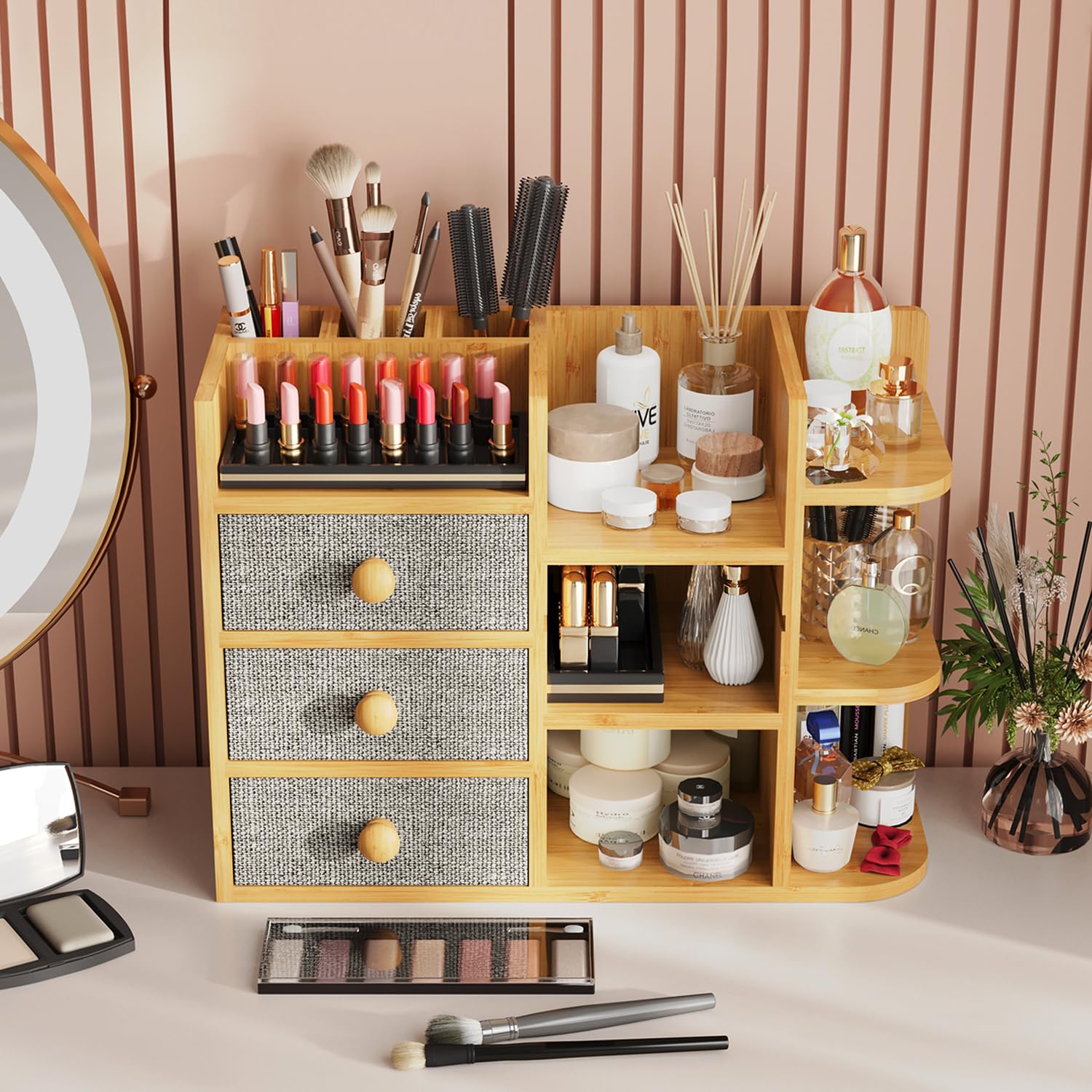 Makeup Organizer Countertop, Cosmetic Skincare Organizers With 3 Makeup Brush Holders/3 Drawers/7 Storage Shelves, Elegant Bambo