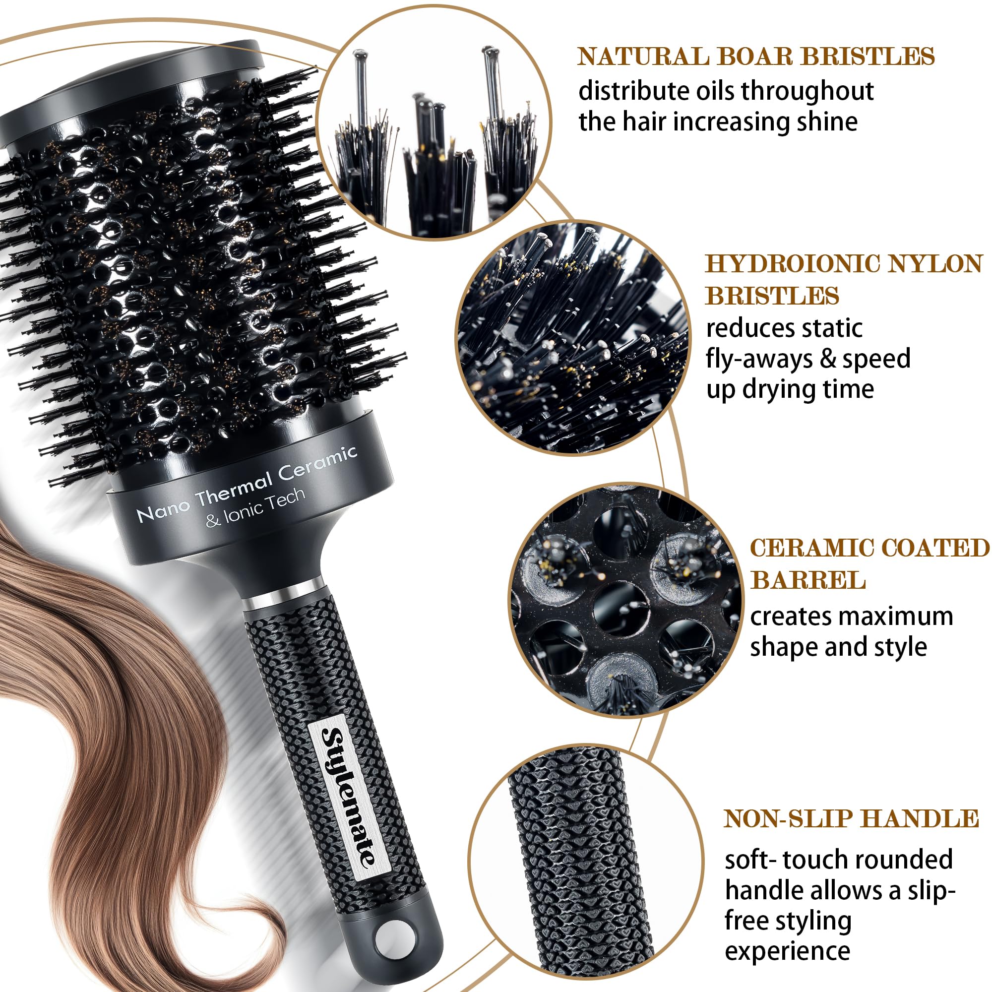 Stylemate Round Brush, Nano Thermal Ceramic & Ionic Tech Round Barrel Roller Hair Brush With Boar Bristles For Blow Drying, 4 Fr