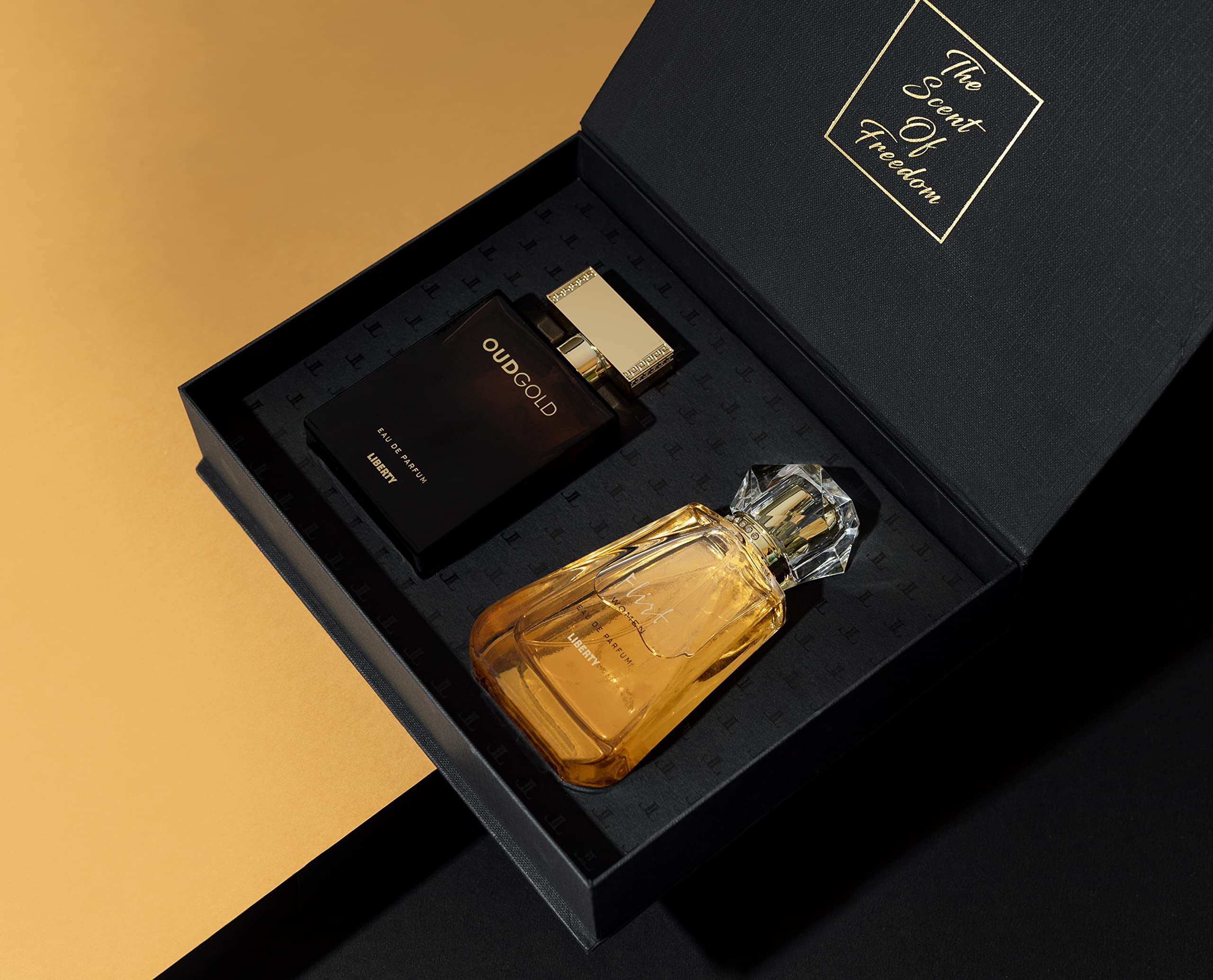 Liberty Luxury Perfume Gift Set - Flirt and OudGold for Men and Women (100ml/3.4Oz each), Eau De Parfum (EDP) Spray, Designed in