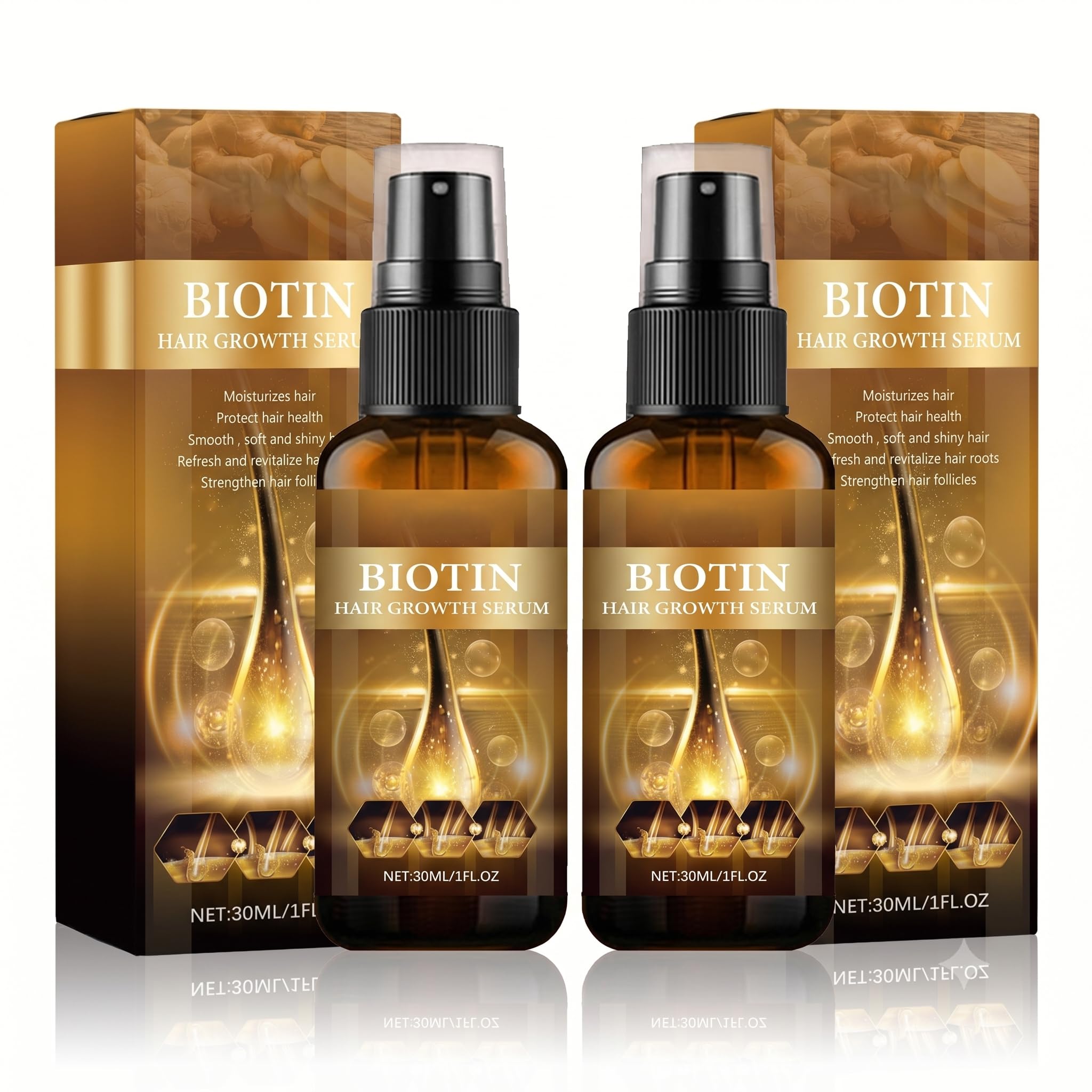Biotin Hair Growth Serum Spray with Ginger Root Extract, Strengthens Hair Follicles, Reduces Split Ends, Scalp Hydration, 1 fl o