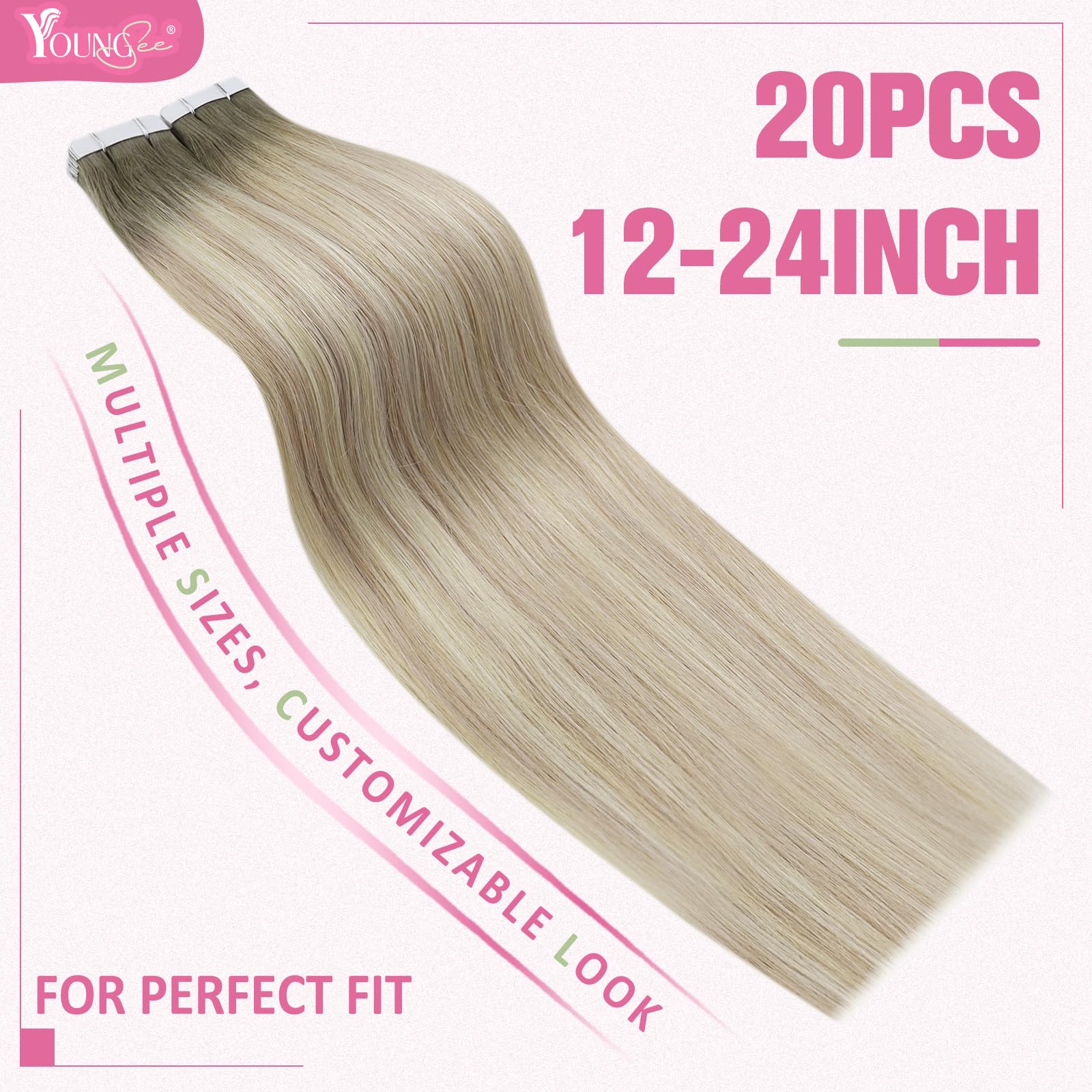 YoungSee Tape on Hair Extensions Balayage Ash Blonde Ombre Platinum Blonde Tape in Hair Extensions Real Human Hair Balayage Tape