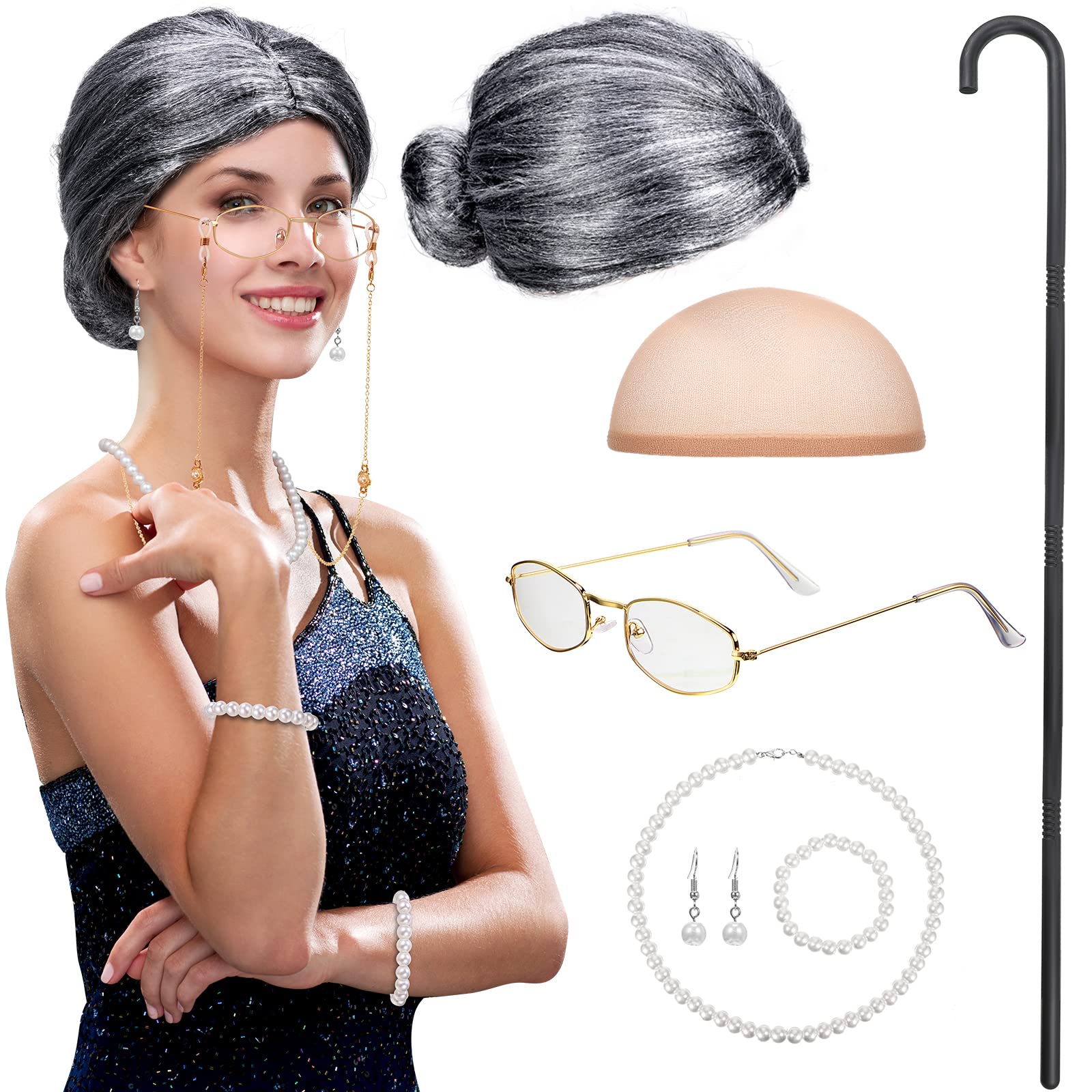 BBTO Old Lady Cosplay Set Grandma Gray Wig for Women Walking Cane Glasses Chain Cords Faux Pearl Bead Necklace(Gray Bun Wig)